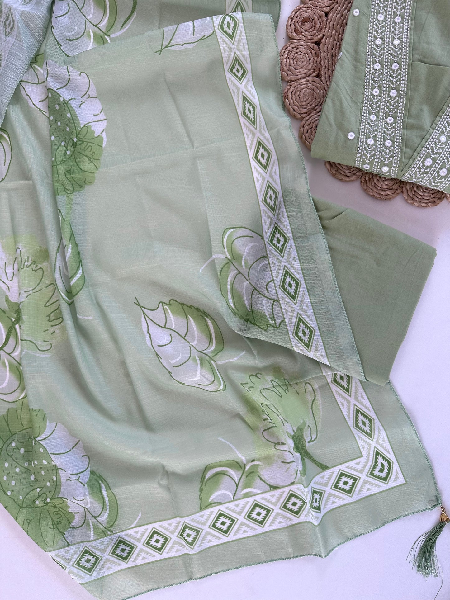 K108 - Cotton embroidered Aline Kurti with pants and dupatta