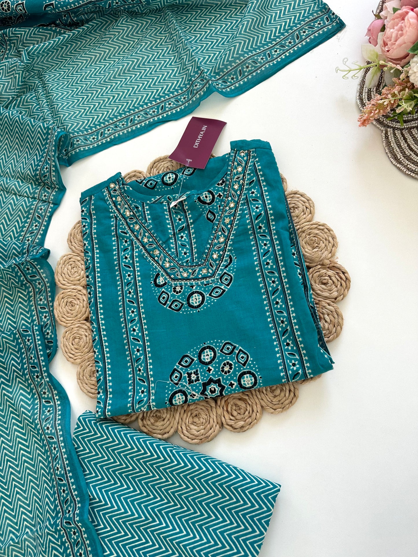 K059 - Cotton Straight kurti with pants and dupatta in 2 colours
