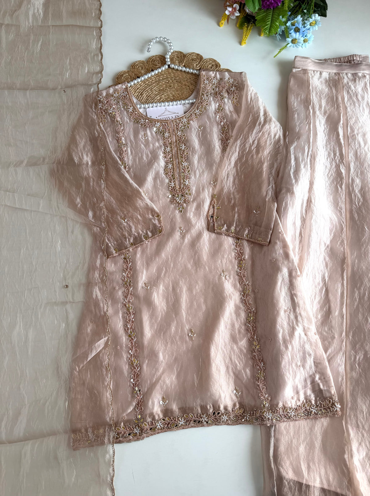 K045 - Glass tissue handwork short Kurti with divider pants and dupatta