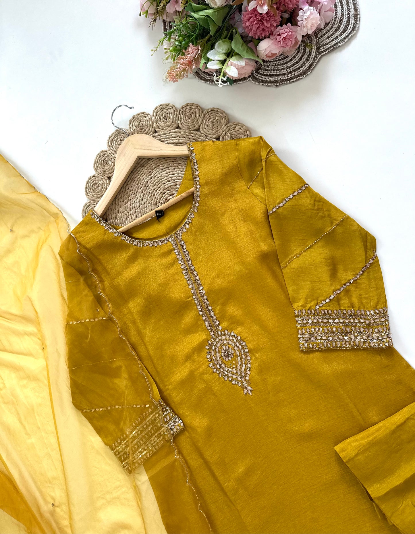 K271 - Russian silk Gota work Straight kurti with pants and dupatta