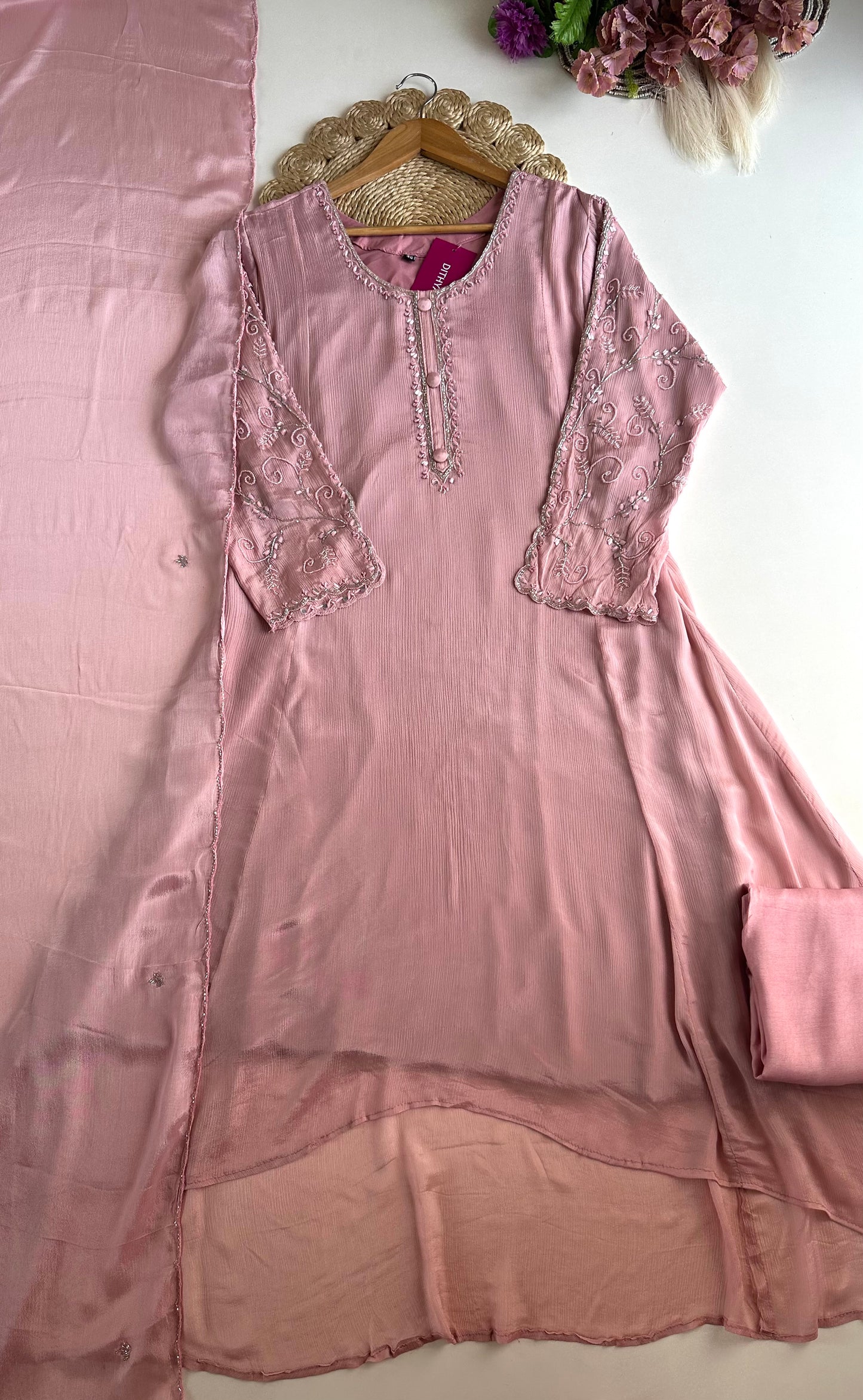 K415 - Pure chinnon handwork Anarkali with pants and dupatta