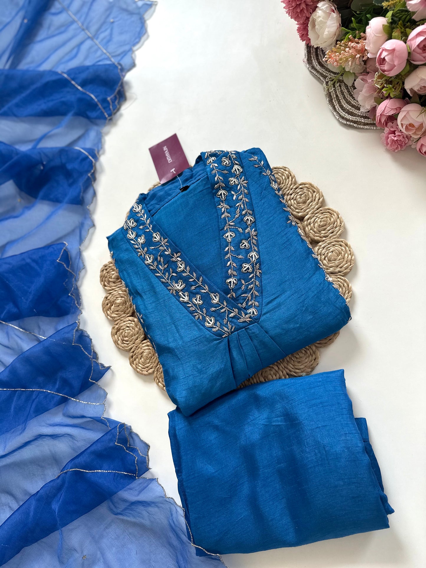 K200 - Russian silk handwork Anarkali with pants and dupatta .