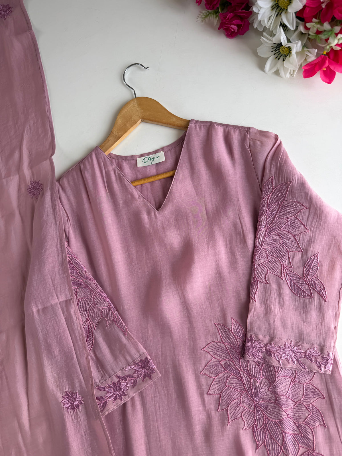 K425 - Muslin cotton embroidered straight Kurti with pants and dupatta