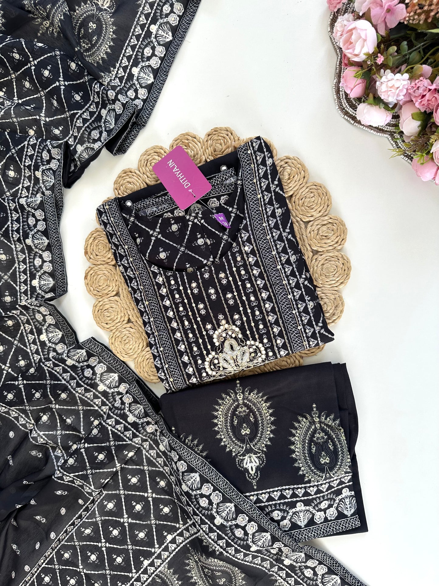 K264 - Cotton Handwork straight Kurti with pants and dupatta