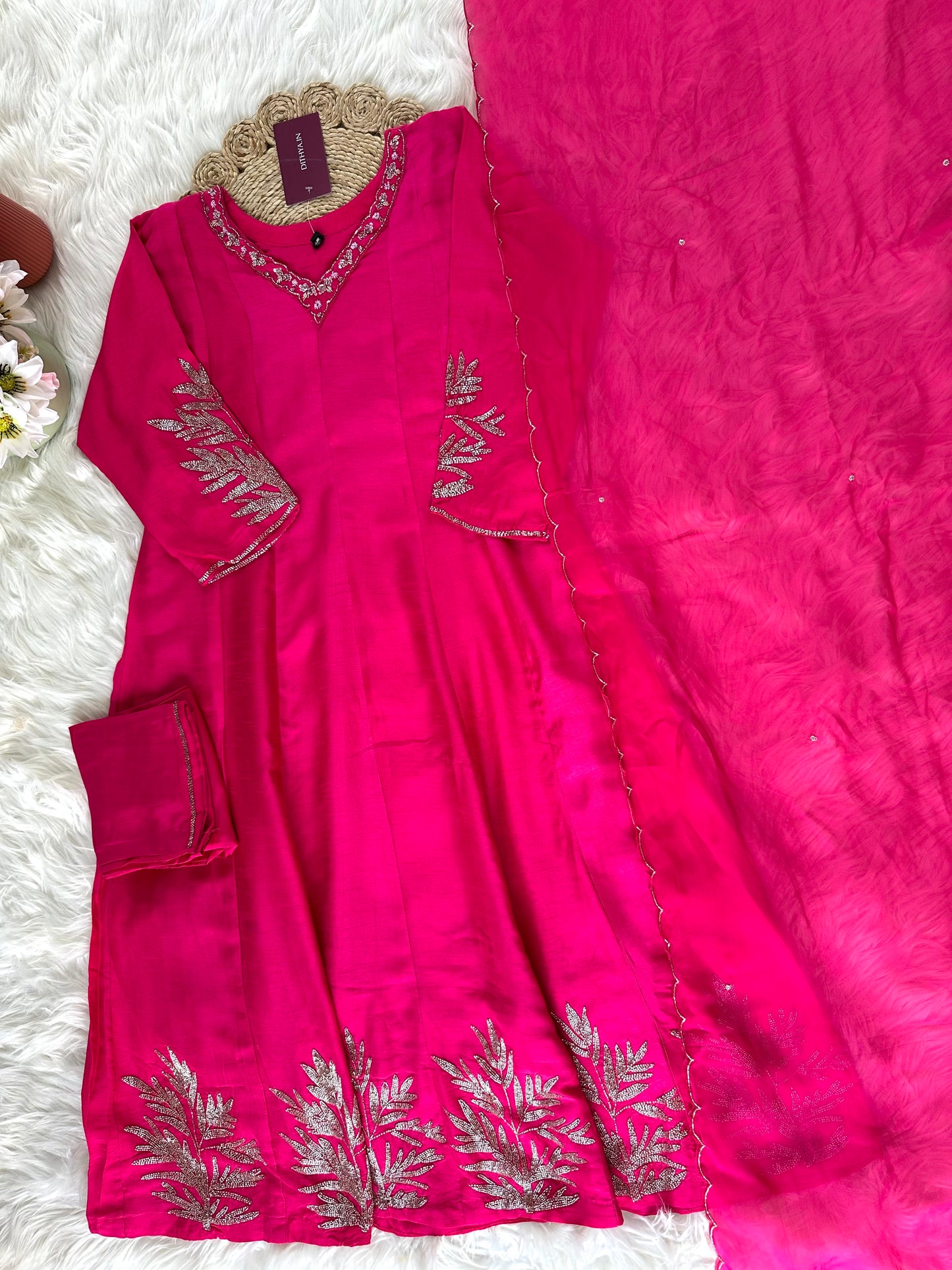 K113 - Russian silk Zardosi work Anarkali with pants and dupatta .