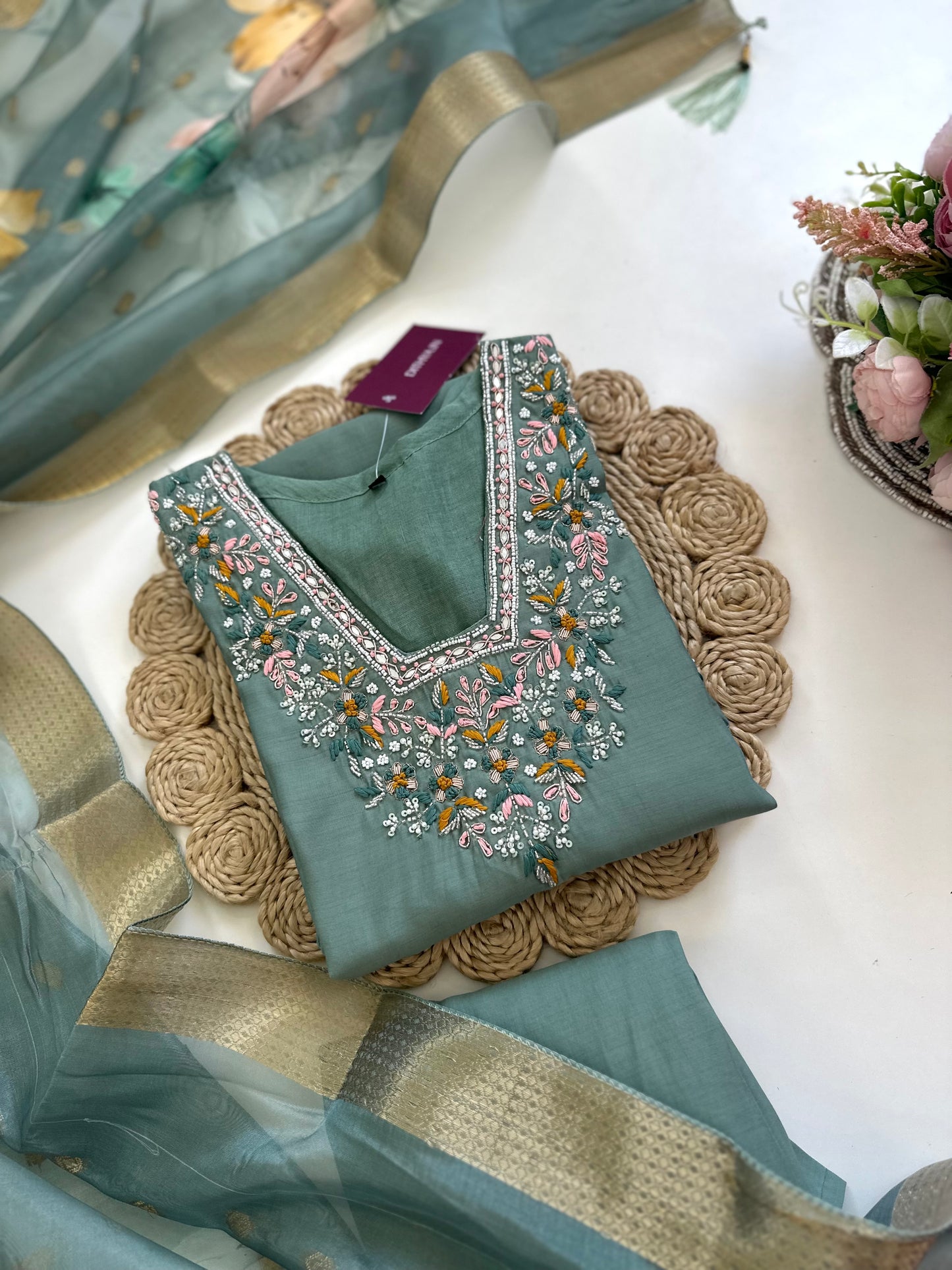 K217 - Modal silk Handwork straight kurti with pants and dupatta in 2 colours .