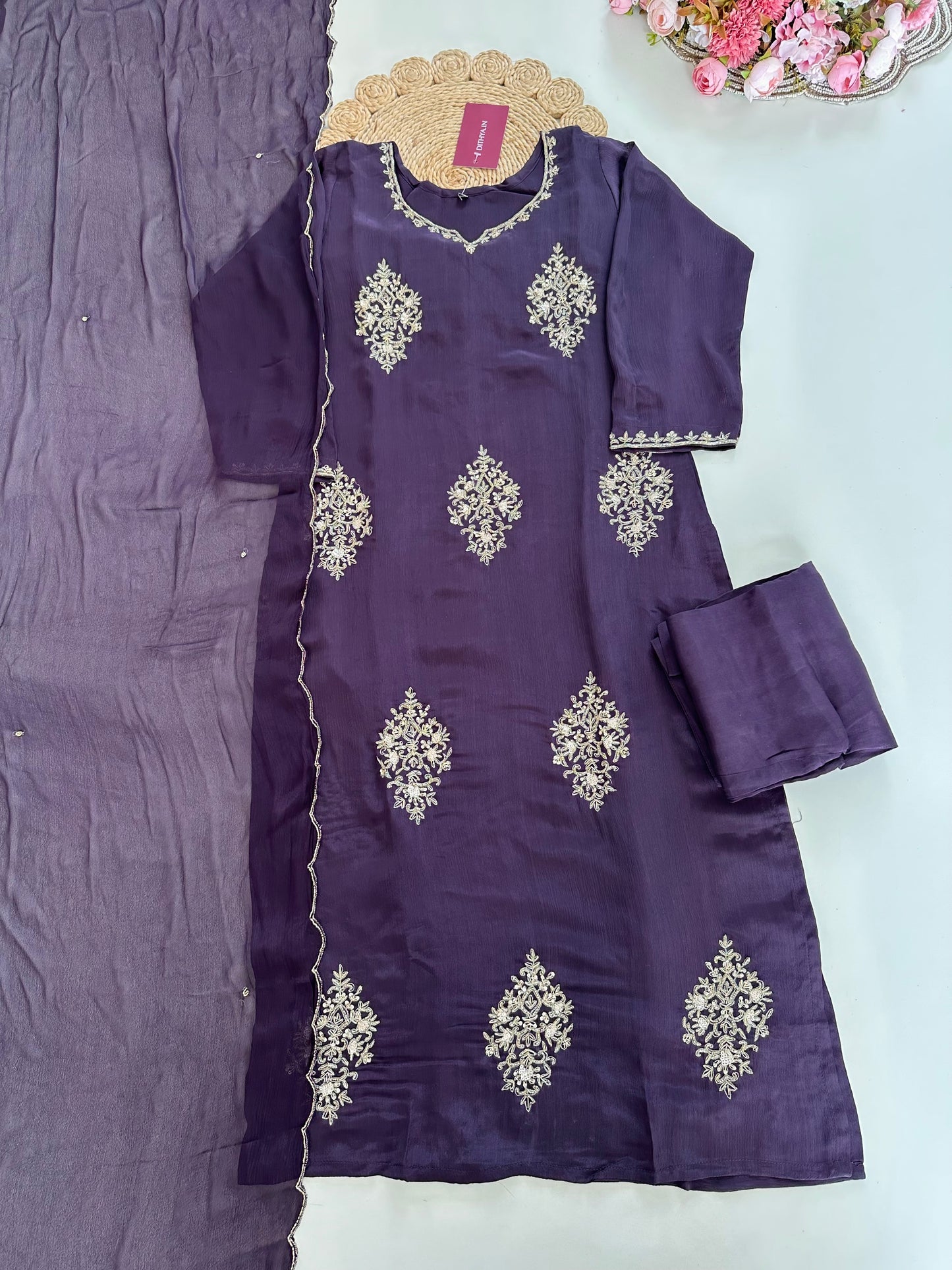 K282 - Chinnon handwork Straight Kurti with pants and dupatta