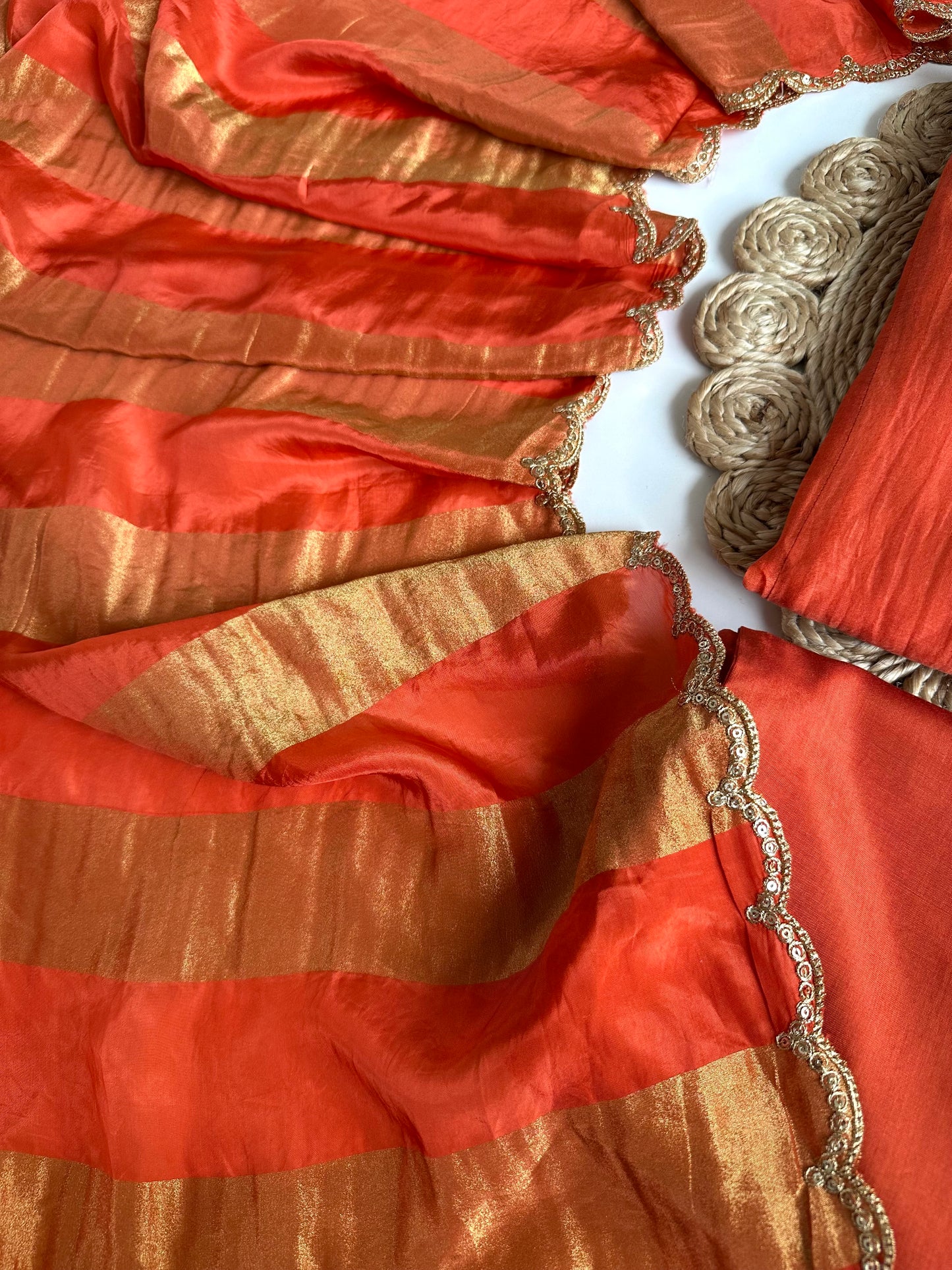 K332 - Mul Chanderi handwork Aline Kurti with pants and gaji organza dupatta