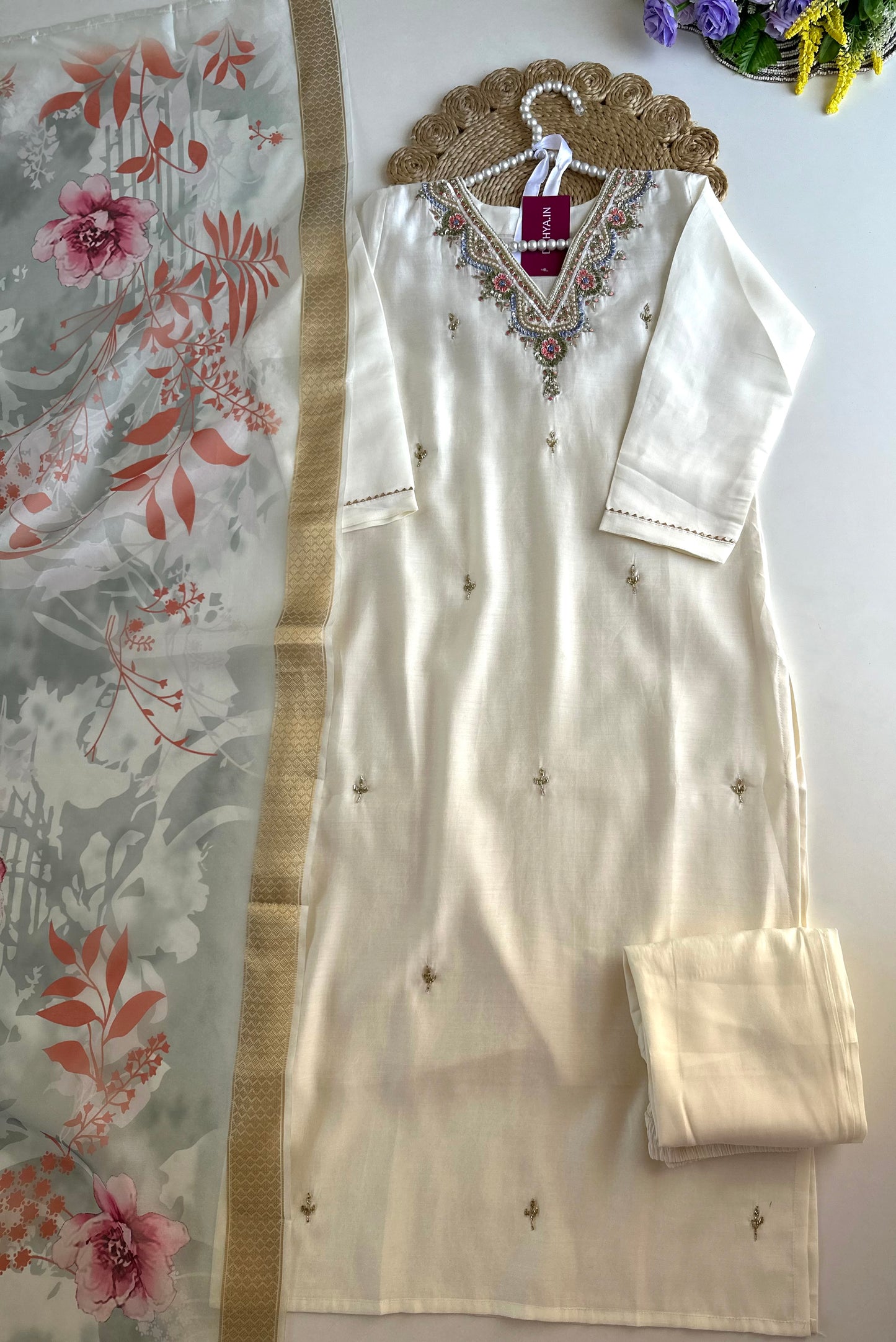 K024 - Roman silk handwork straight Kurti with pants and dupatta in 3 colours