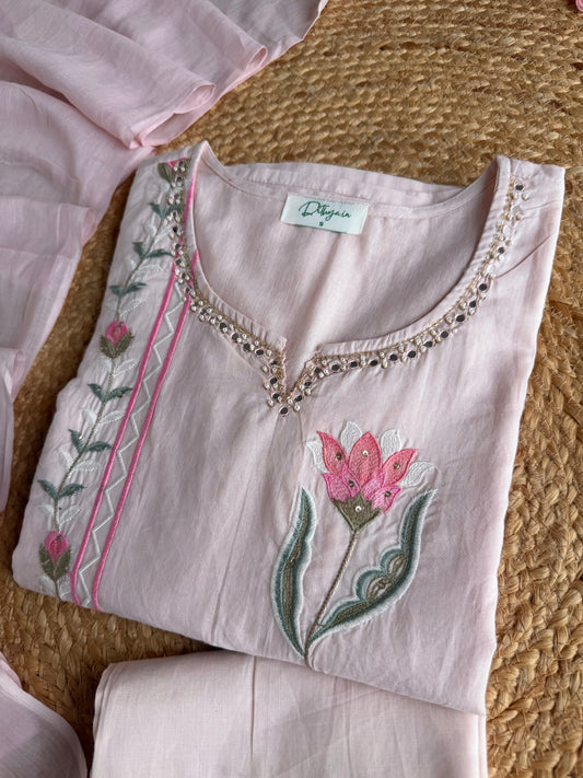 K296 - Mul cotton floral embroidered straight Kurti with pants and dupatta