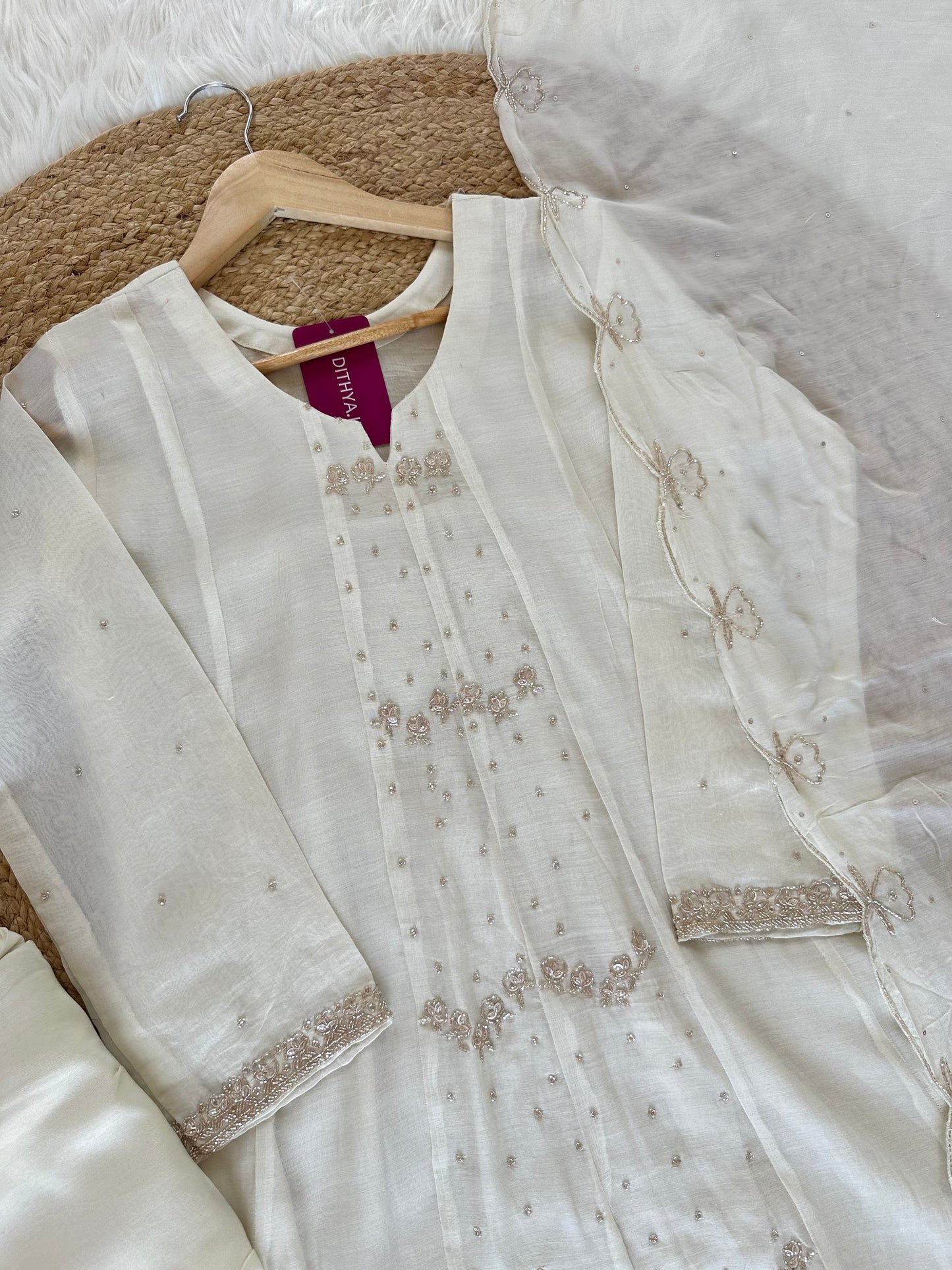 K211 - Mul Chanderi zardosi work Aline Kurti with pants and dupatta