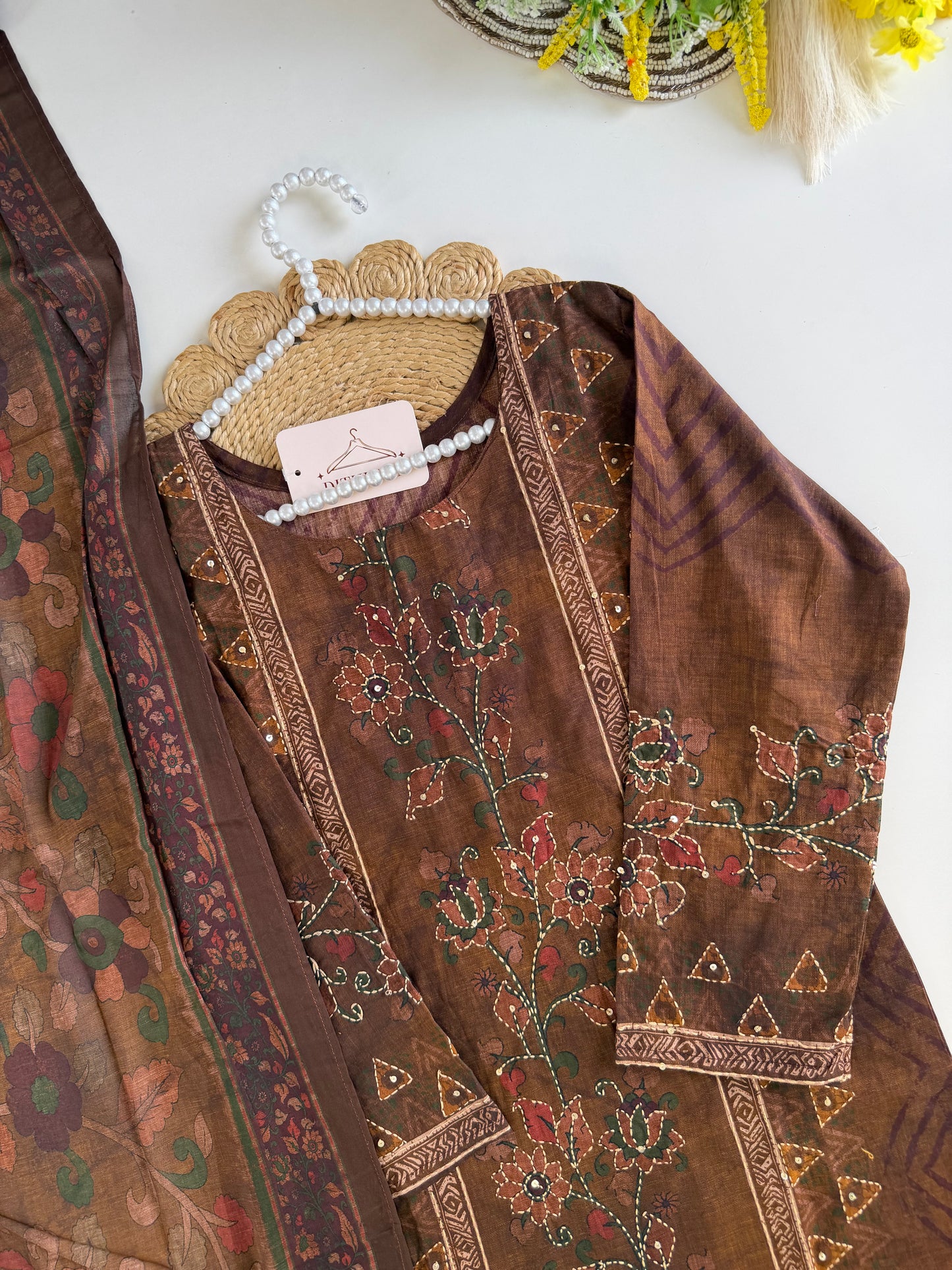 K317 - Cotton embroidered straight Kurti with pants and dupatta