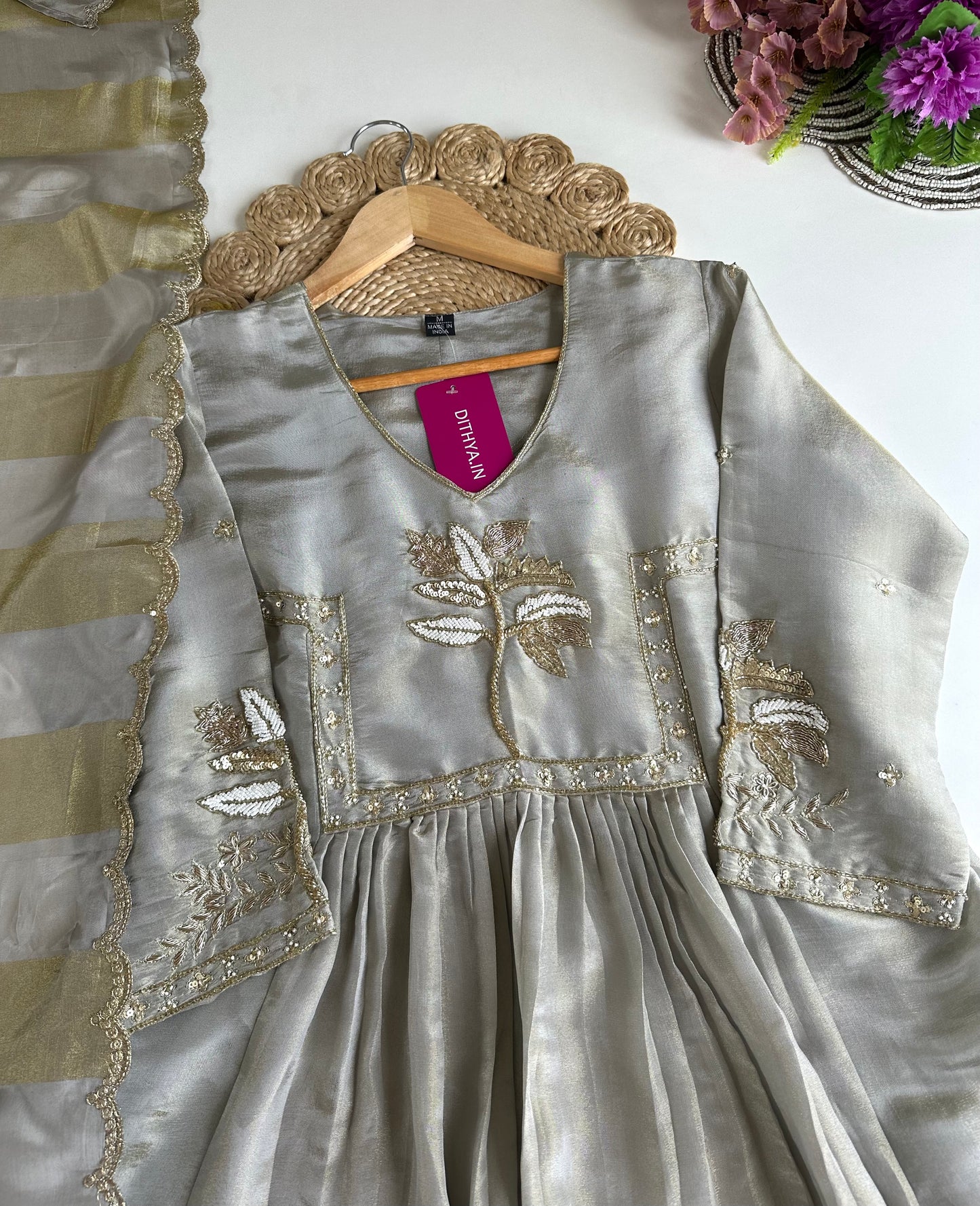 K135 - Tissue silk handwork Anarkali with pants and dupatta