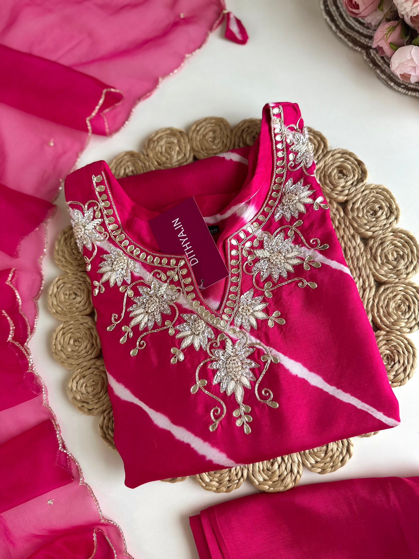 K016 - Russian silk leheriya handwork Straight Kurti with pants and dupatta in 2 styles