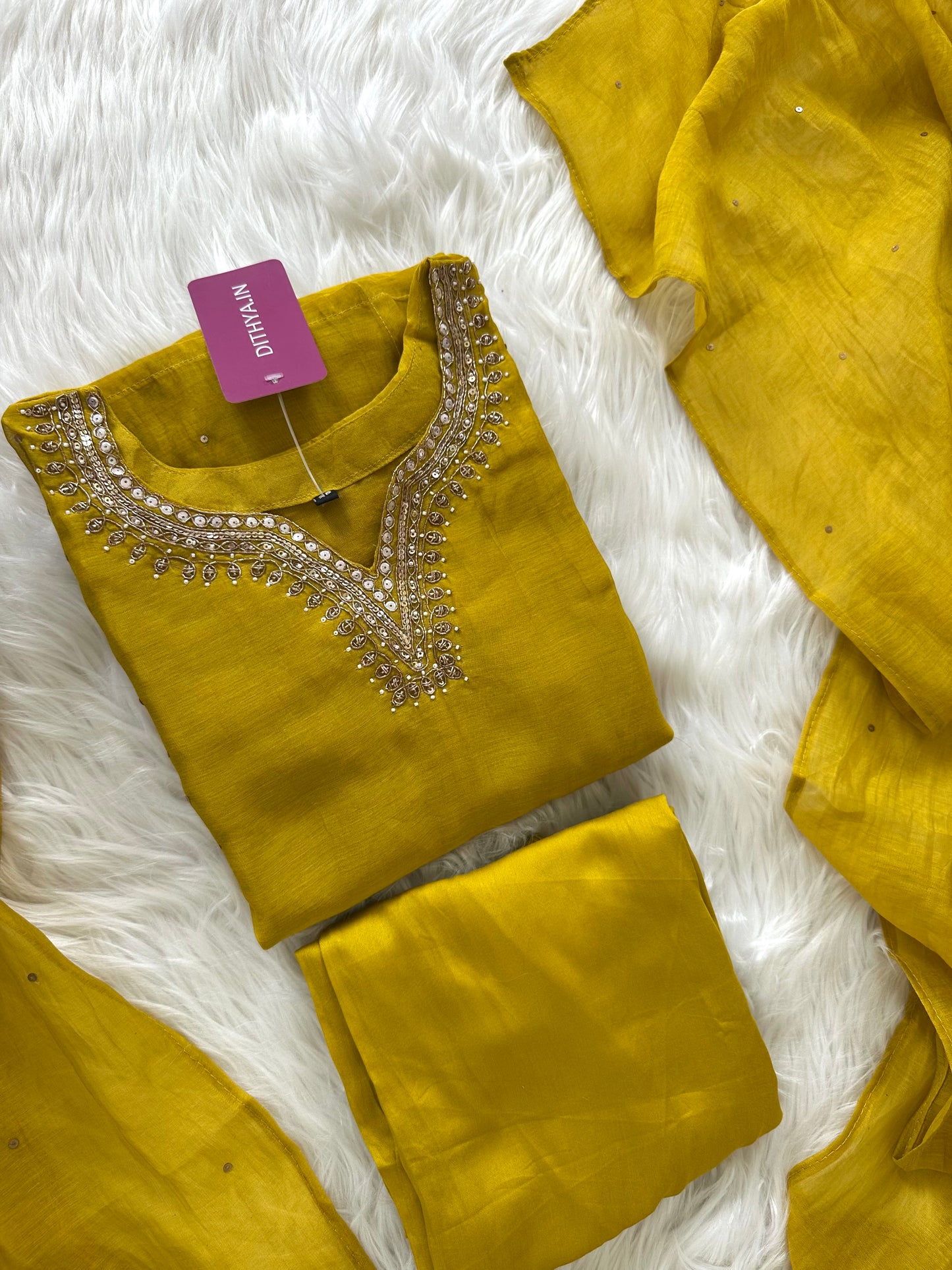 K080 - Mul Chanderi handwork straight kurti with pants and dupatta in 2 colours