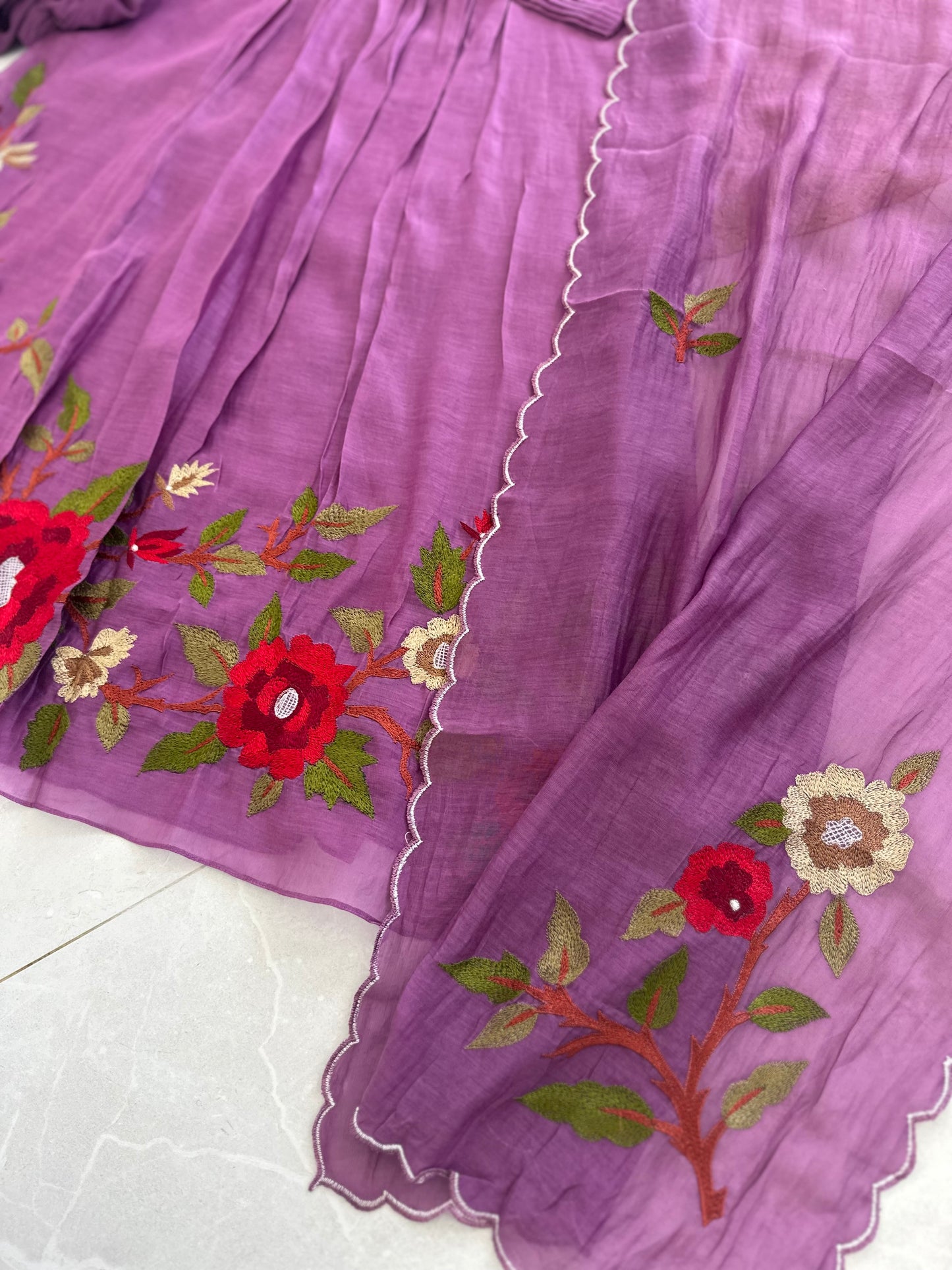K308 - Mul Chanderi hand embroidered Aline Kurti with pants and dupatta in 2 colours .