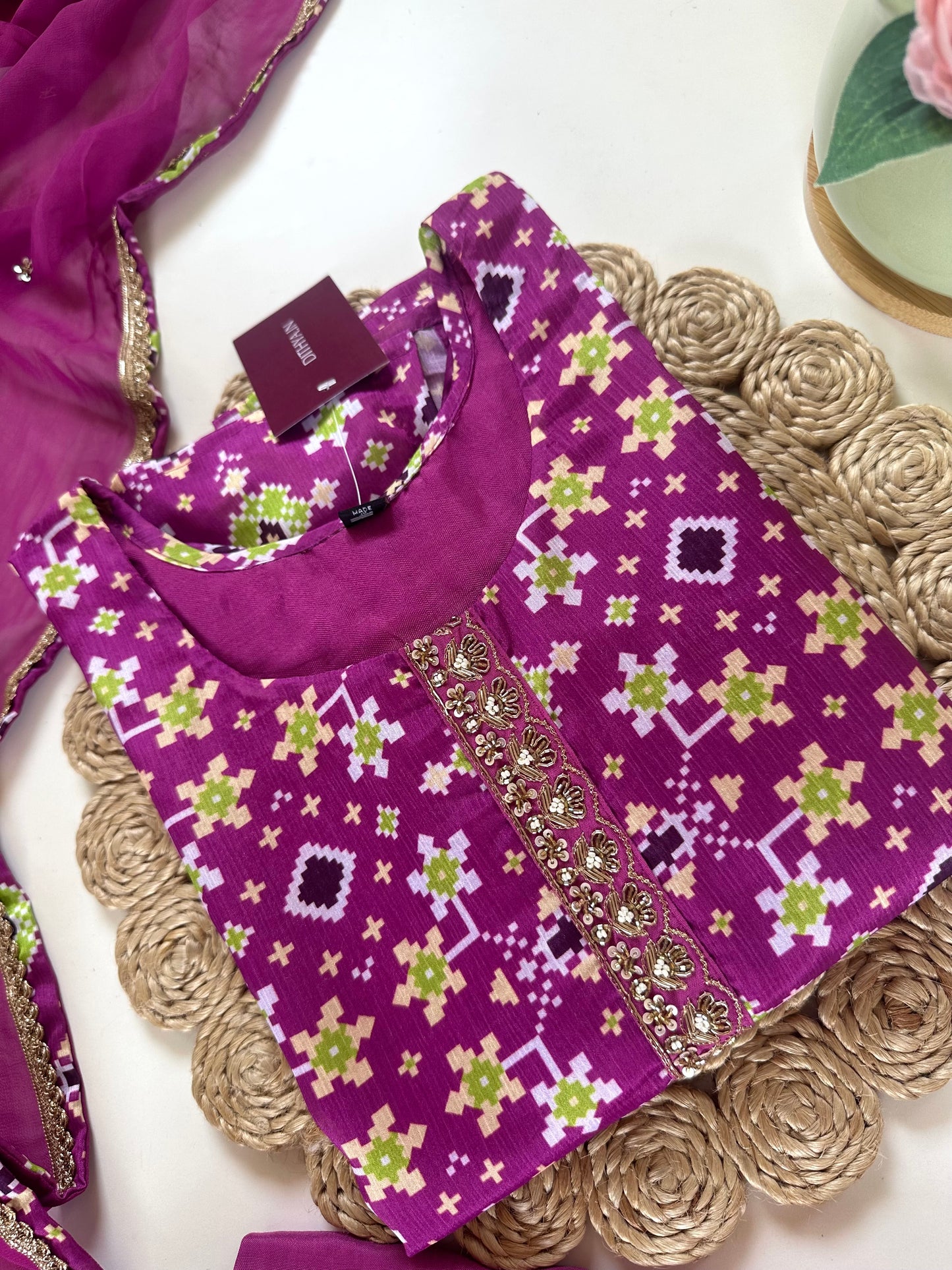 K430 - Viscose organza patola print straight Kurti with pants and dupatta
