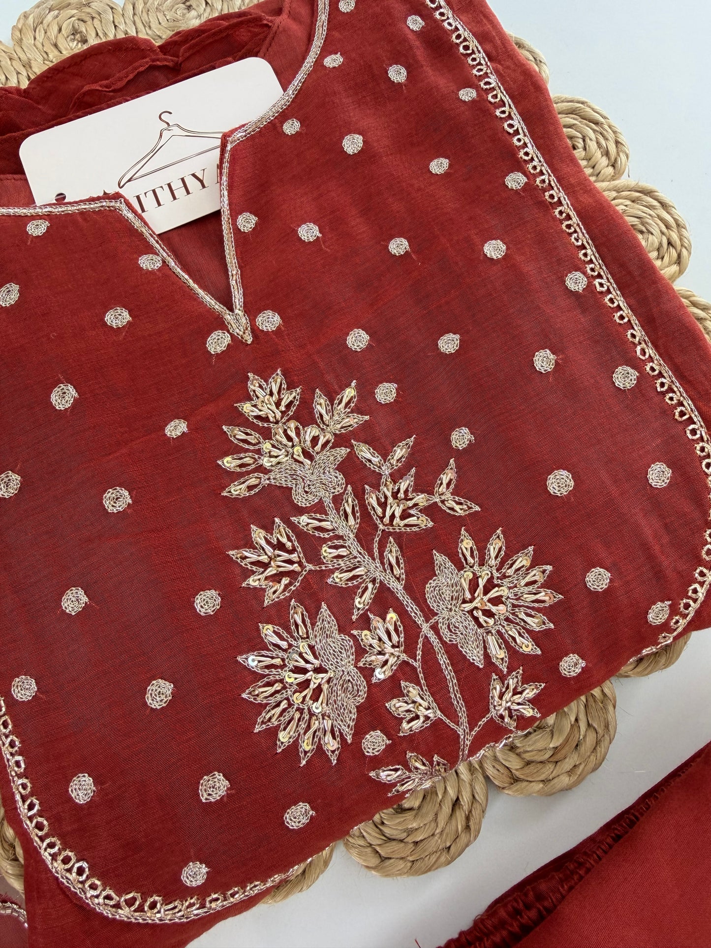 K527 - Mul chanderi handwork Anarkali with pants and dupatta