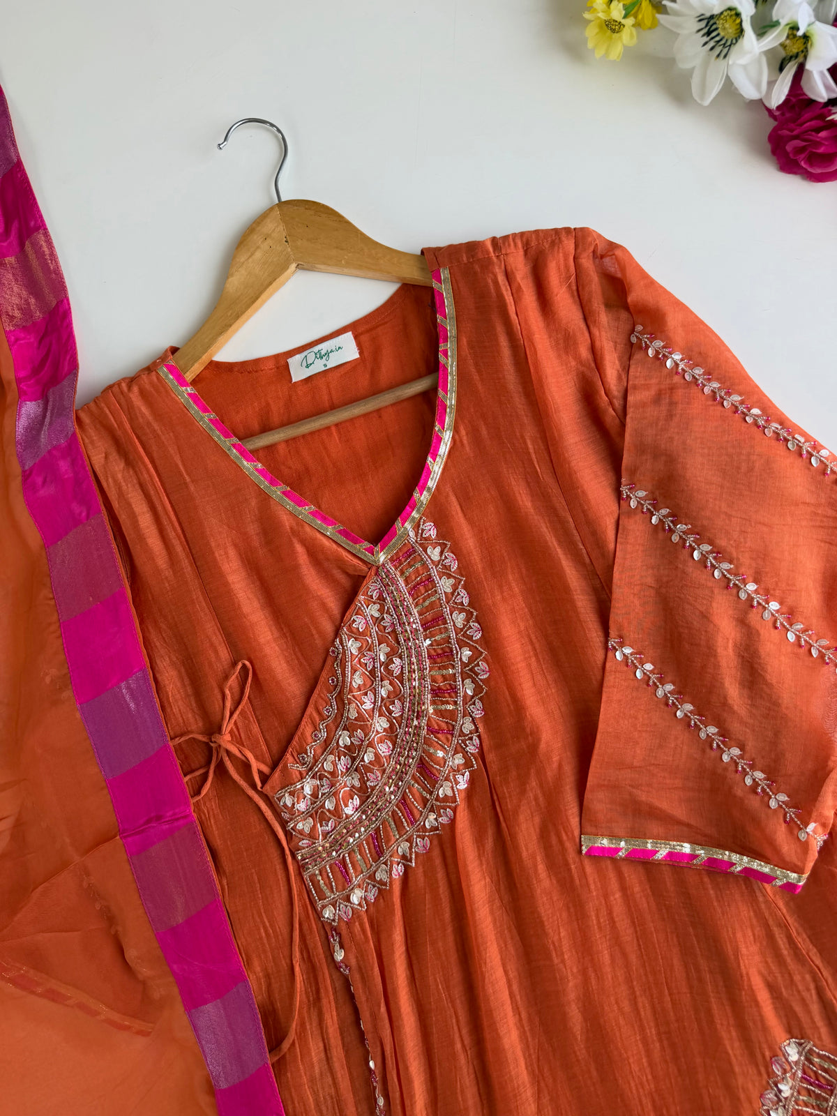 K111 - Banarasi mul chanderi handwork angrakha Anarkali with pants and dupatta