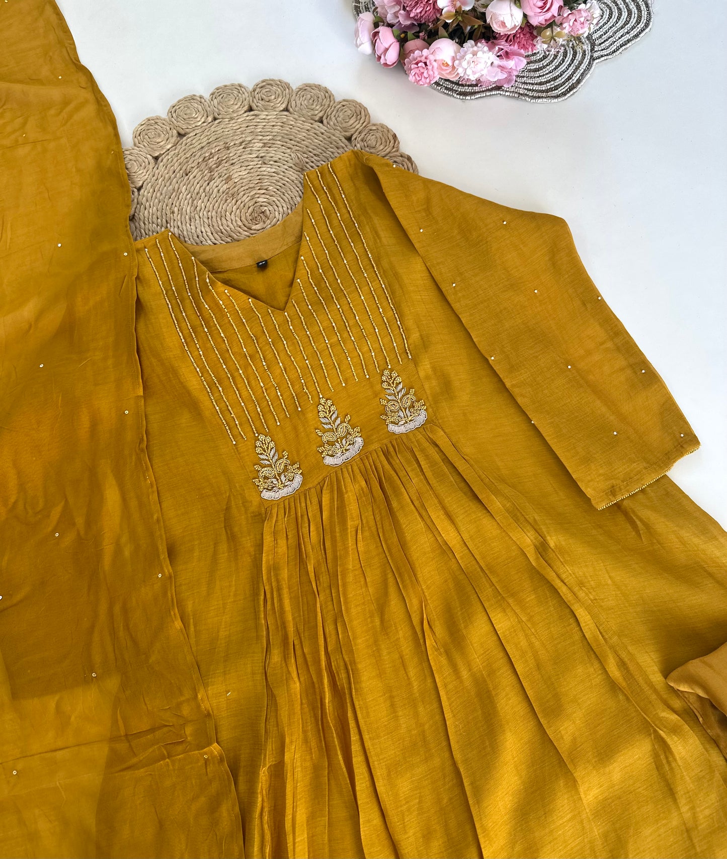 K175 - Mul Chanderi handwork Aline Kurti with pants and dupatta in 2 colours