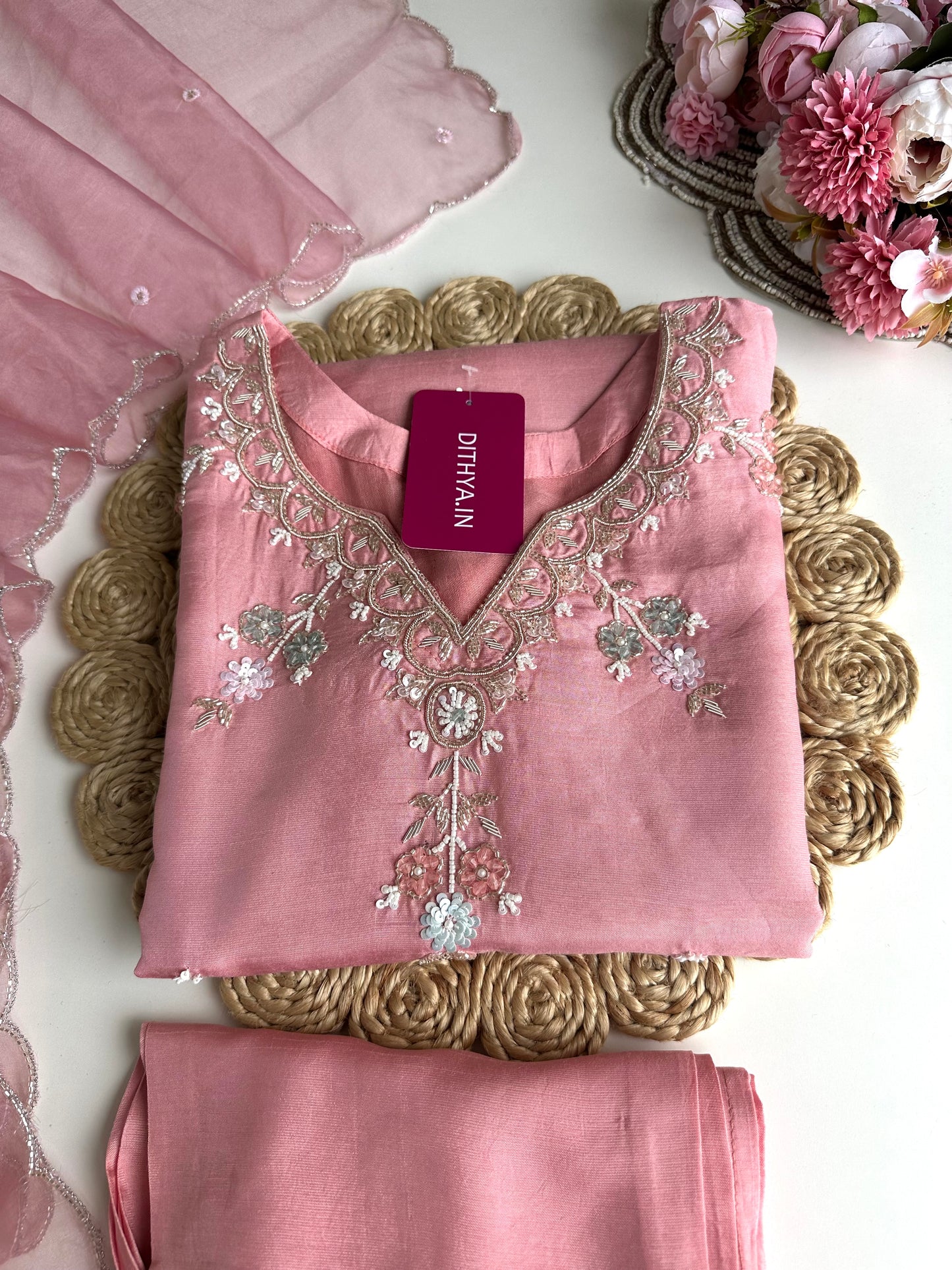 K052 - Russian silk handwork short Kurti with pants and dupatta