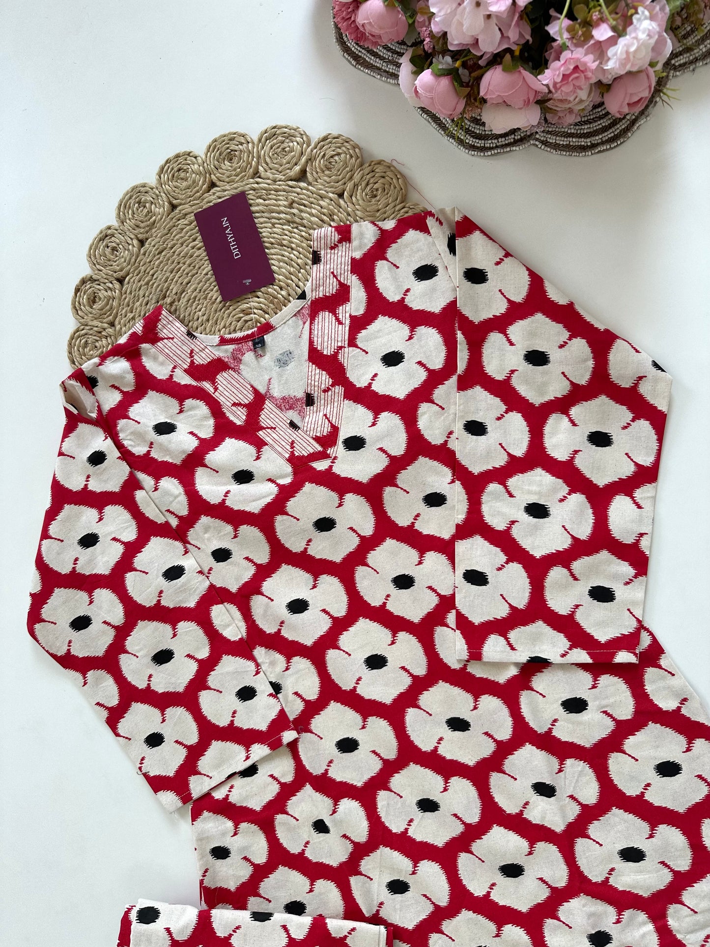 K350 - Cotton printed Aline Kurti with pants in 2 colours