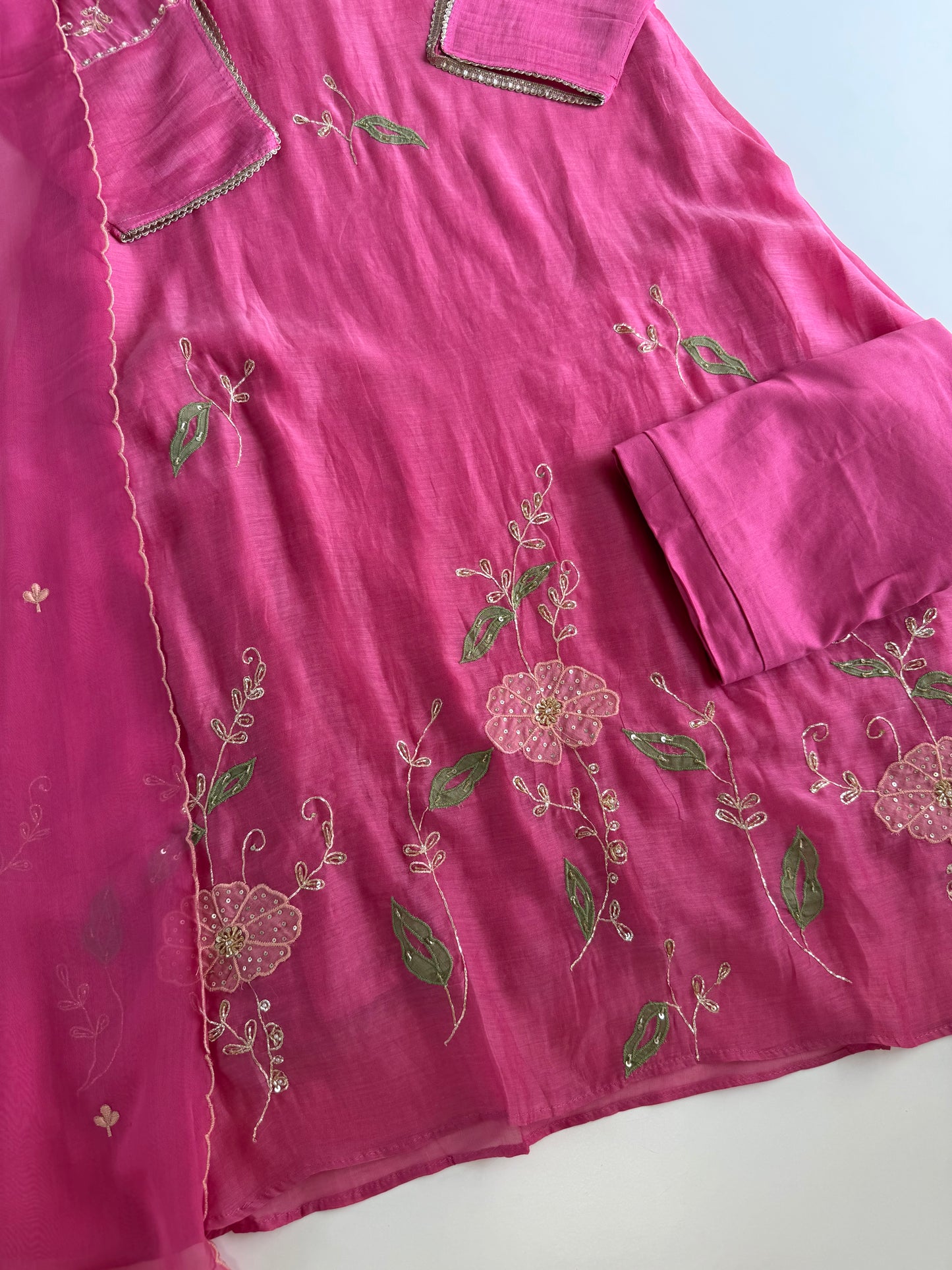 K538 - Mul chanderi handwork Aline Kurti with pants and dupatta