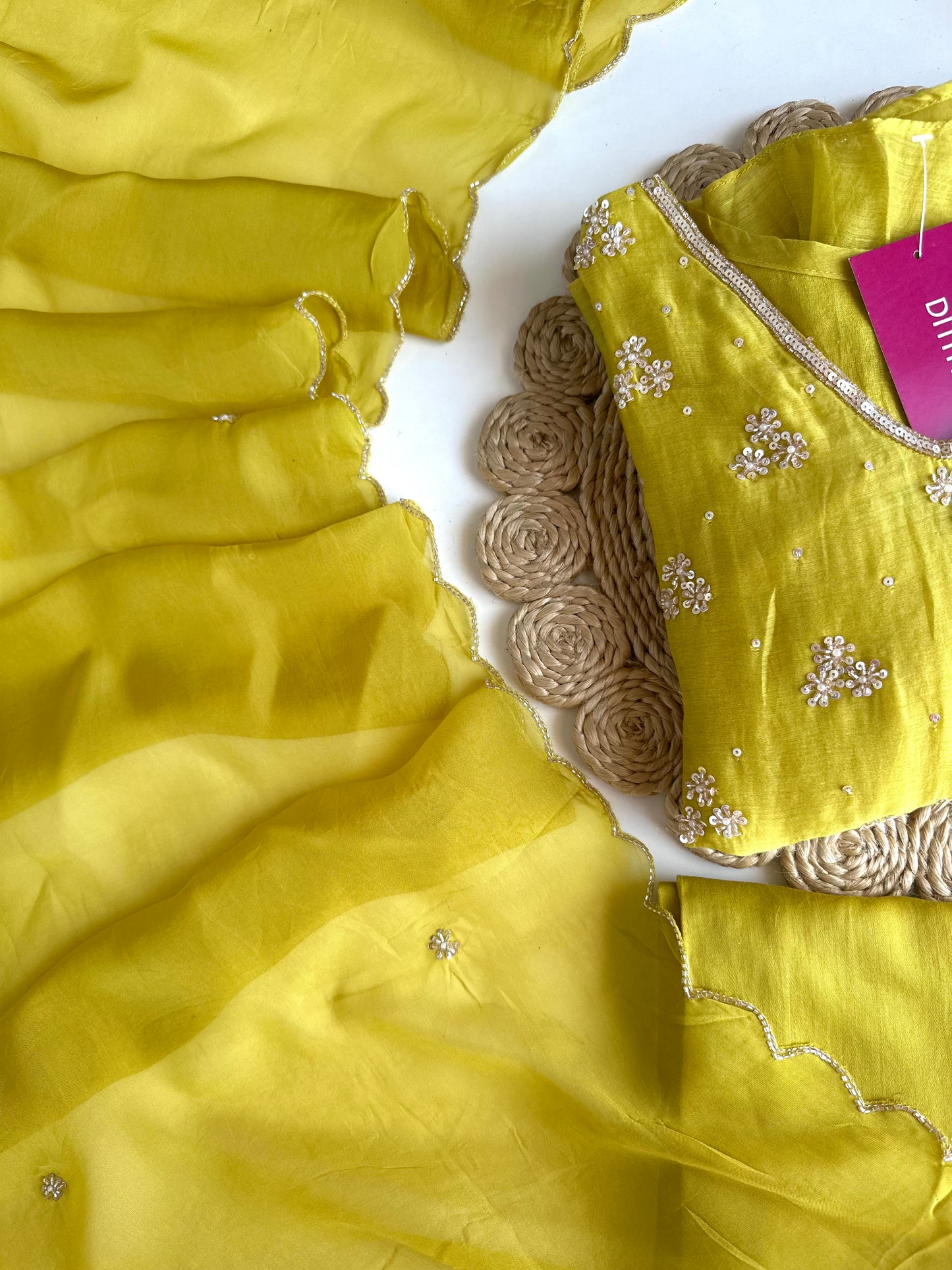 K097 - Mul Chanderi handwork Aline Kurti with pants and dupatta