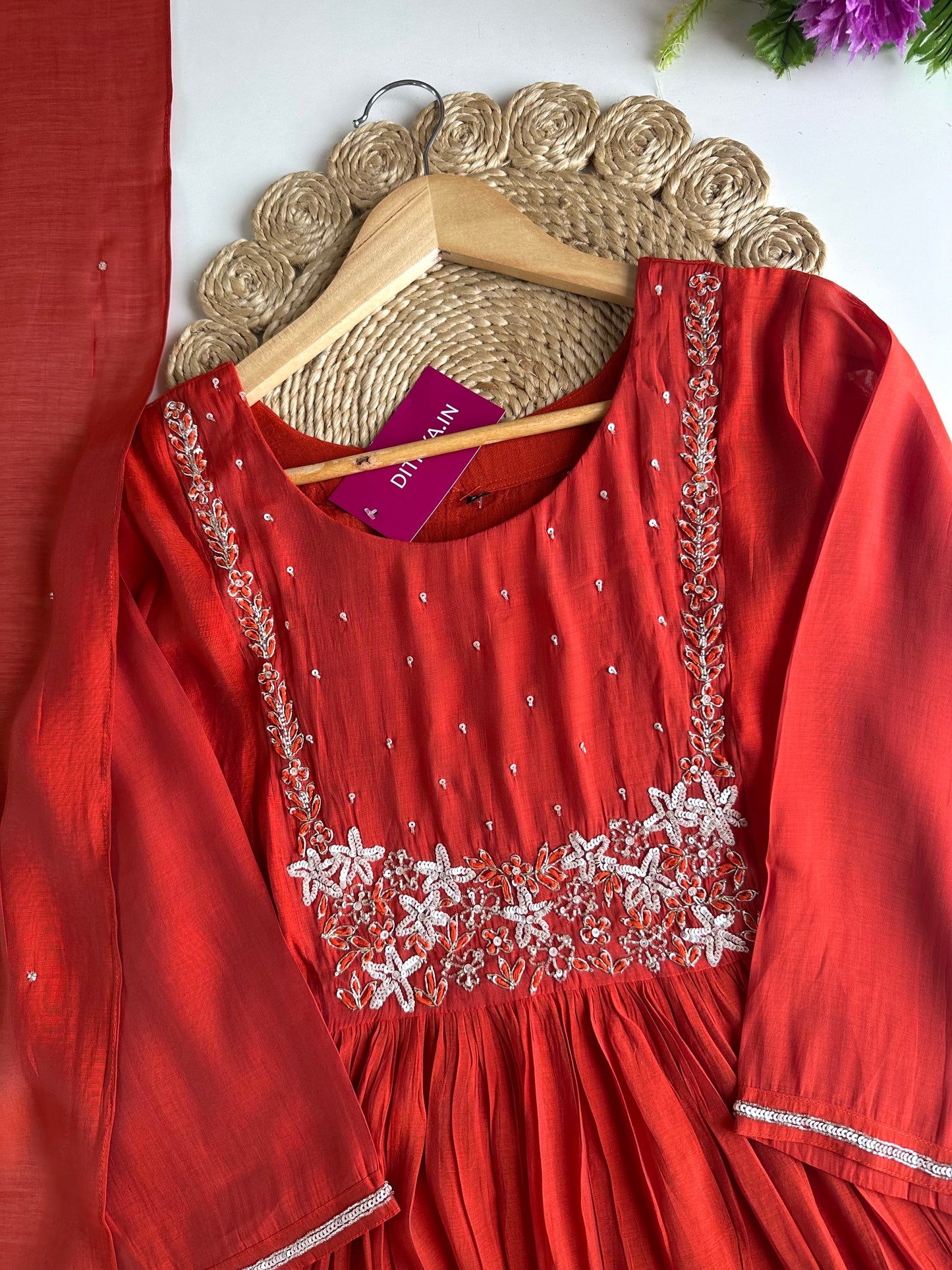 K007 - Mul Chanderi handwork Aline Kurti with pants and dupatta in 2 colours