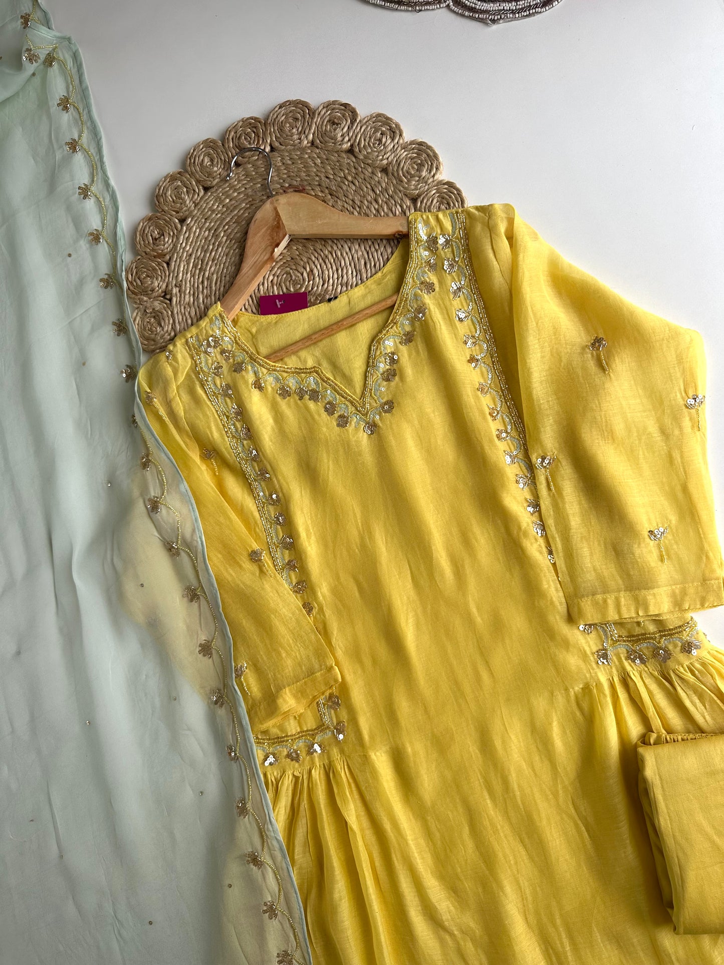 K360 - Mul Chanderi handwork Aline Kurti with pants and dupatta