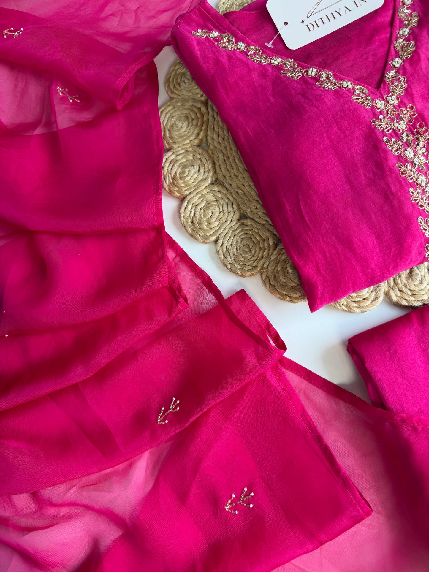 K074 - Mul chanderi handwork Aline Kurti with pants and dupatta