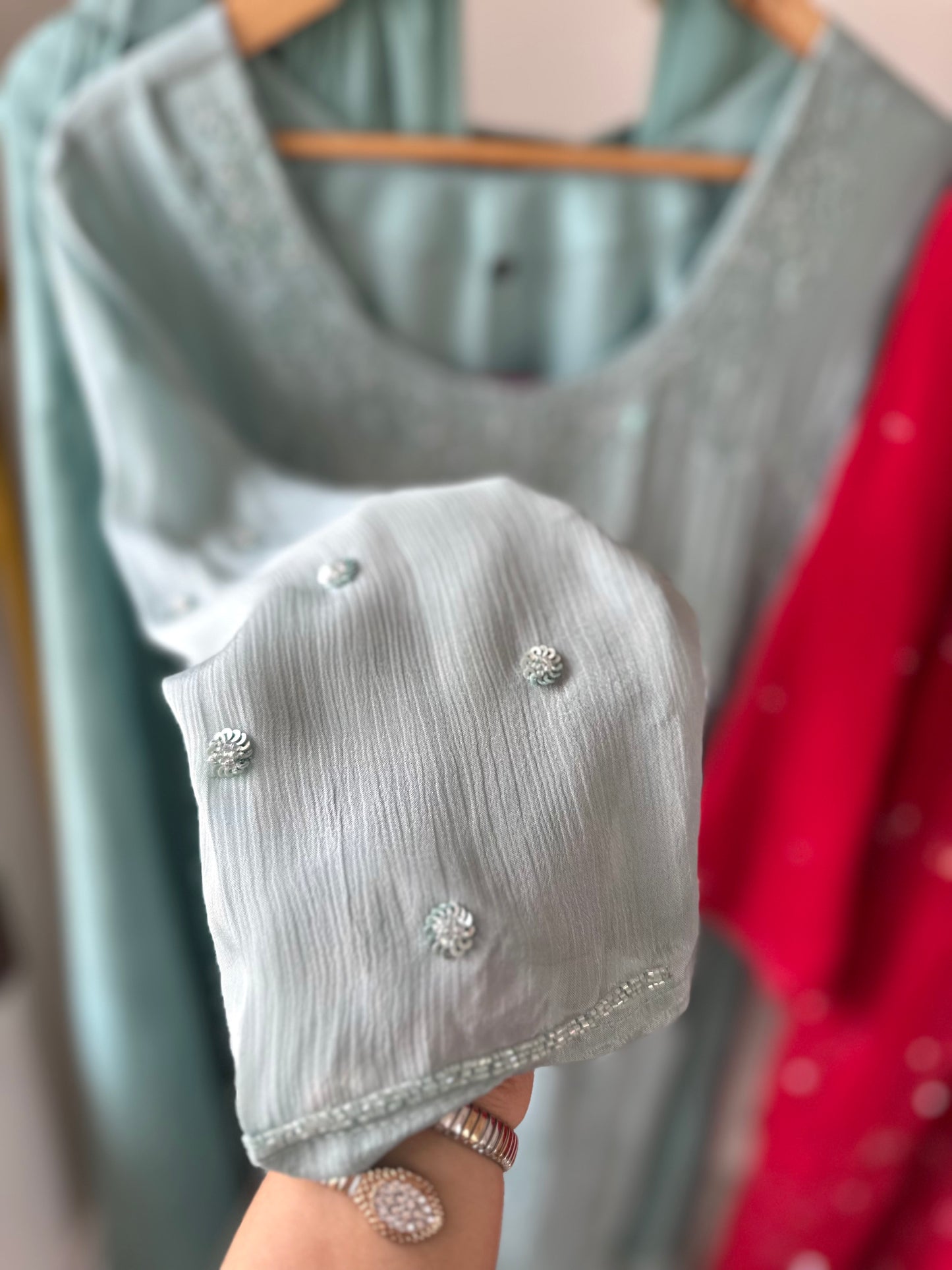 K256 - Chinnon Handwork Kurti with palazzo pants and chiffon dupatta