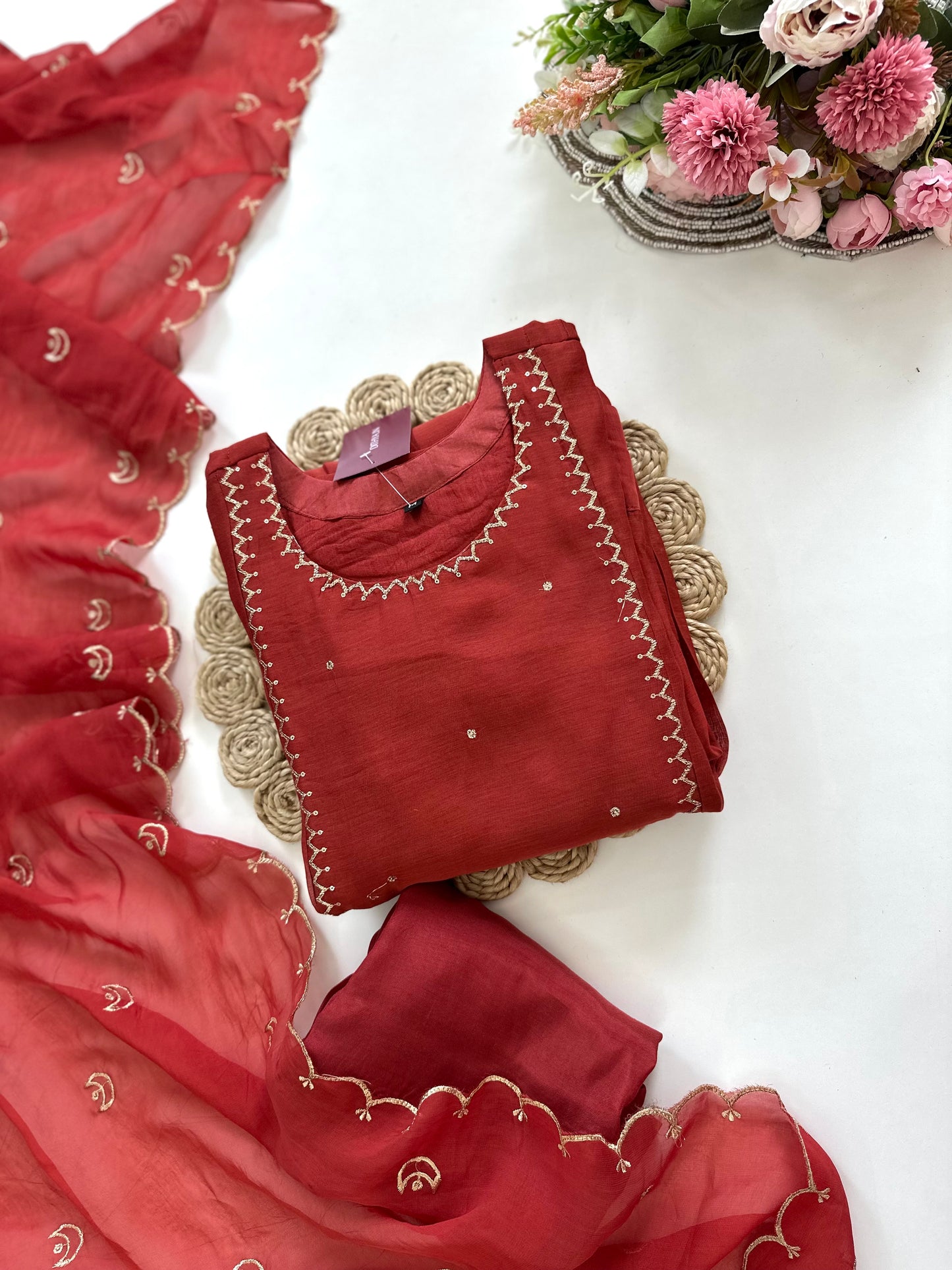 K091 - Mul Chanderi Zari work Anarkali with pants and dupatta in 2 colours