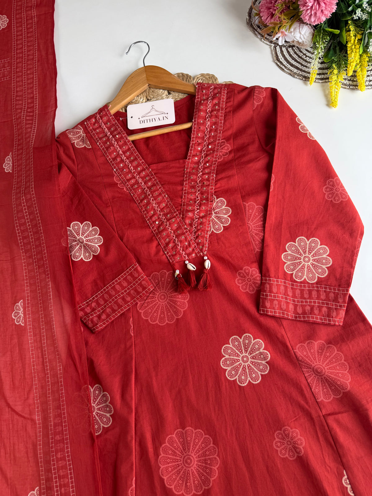 K657 - Mul cotton embroidered Aline Kurti with pants and dupatta in 2 colours