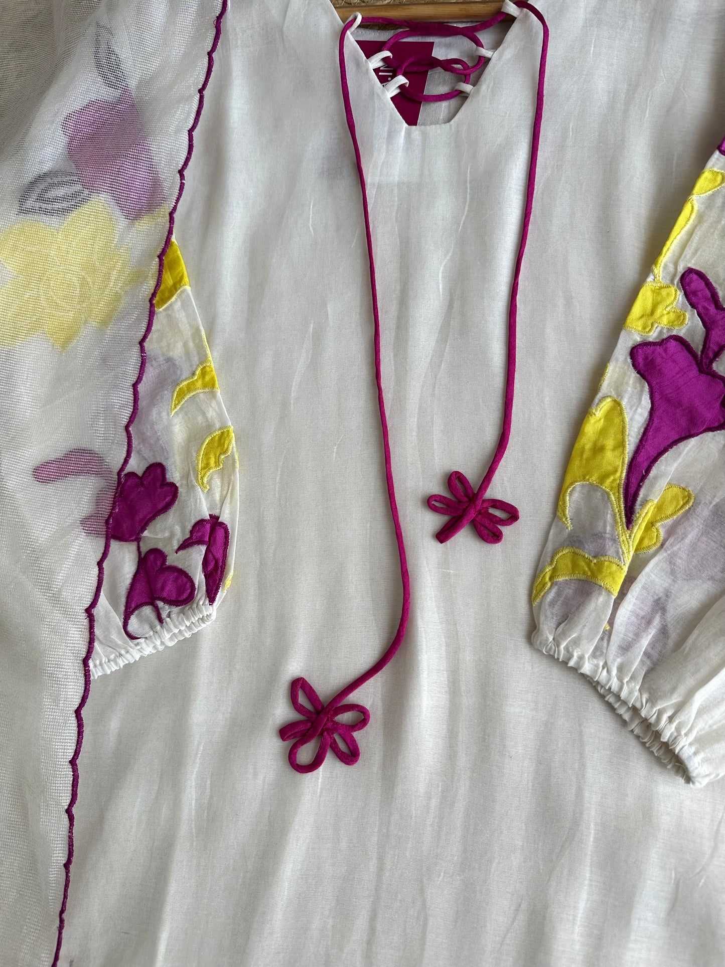 K109 - Mul Chanderi appliqué work Aline Kurti with pants and dupatta