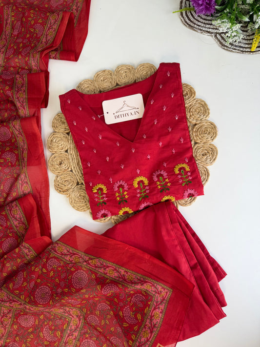 K555 - Mul cotton embroidered straight Kurti with pants and dupatta