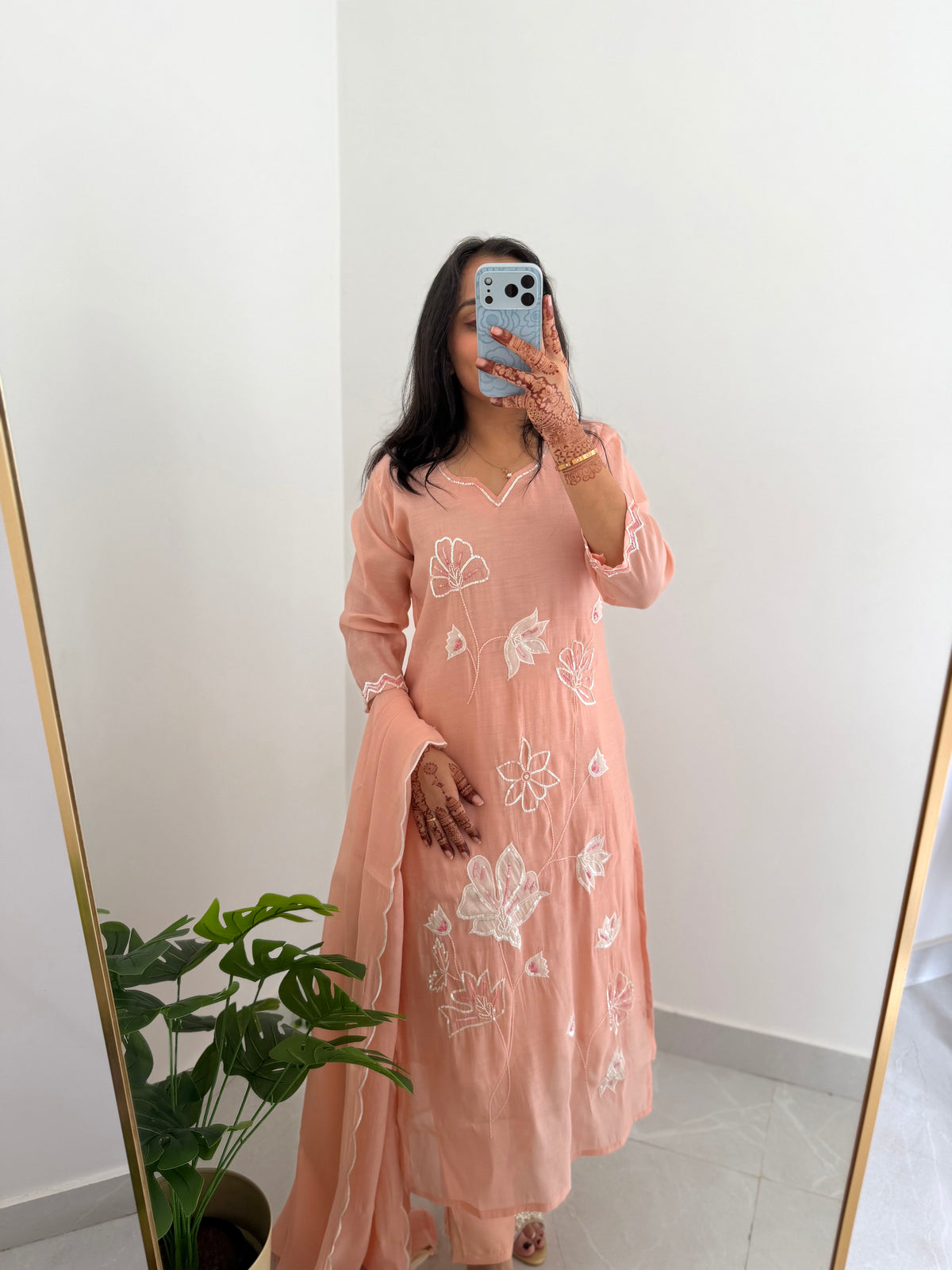 K237 - Mul chanderi appliqué work straight Kurti with pants and dupatta