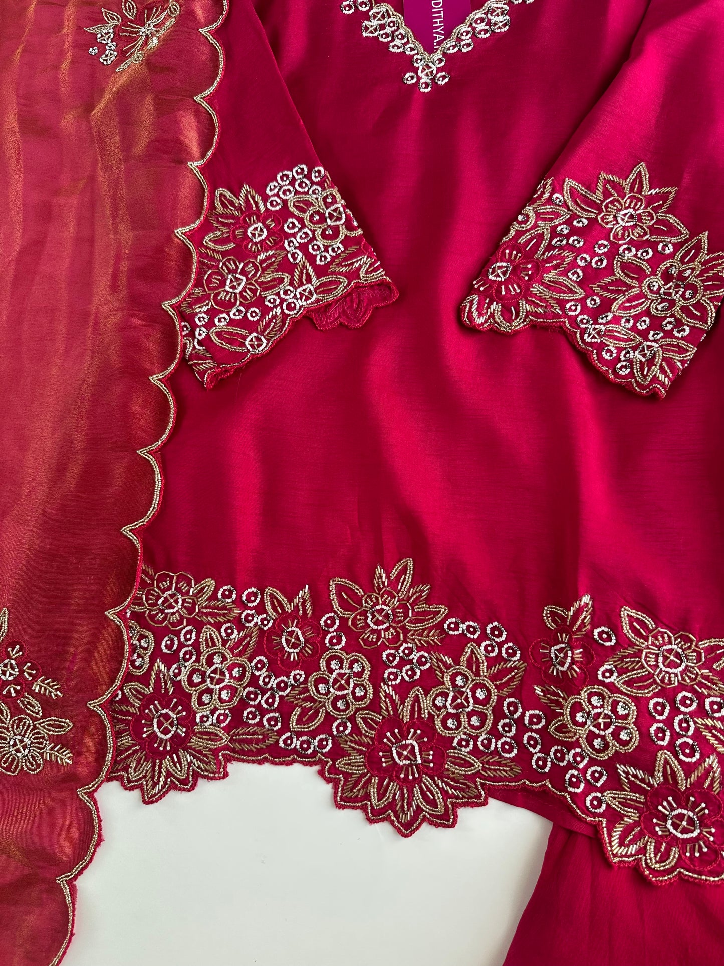 K342 - Russian silk handwork short Kurti with palazzo and silk dupatta