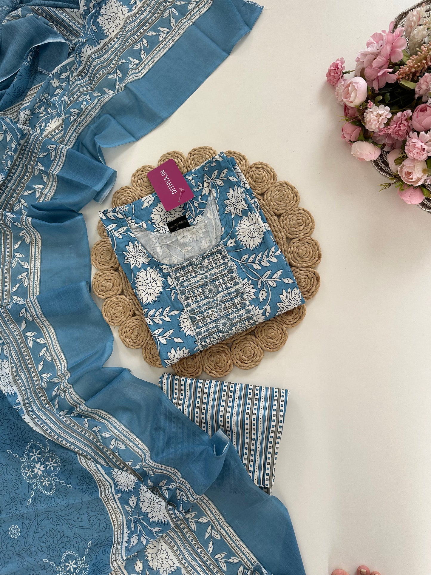 K352 - Cotton floral straight Kurti with pants and dupatta