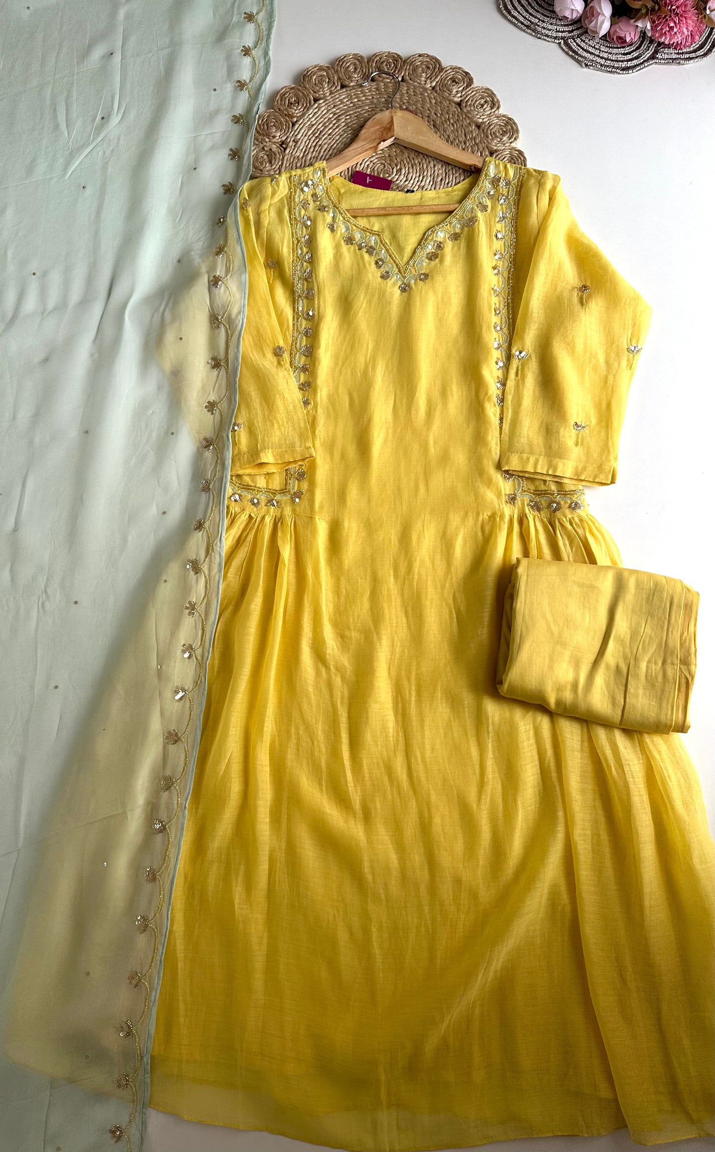 K360 - Mul Chanderi handwork Aline Kurti with pants and dupatta