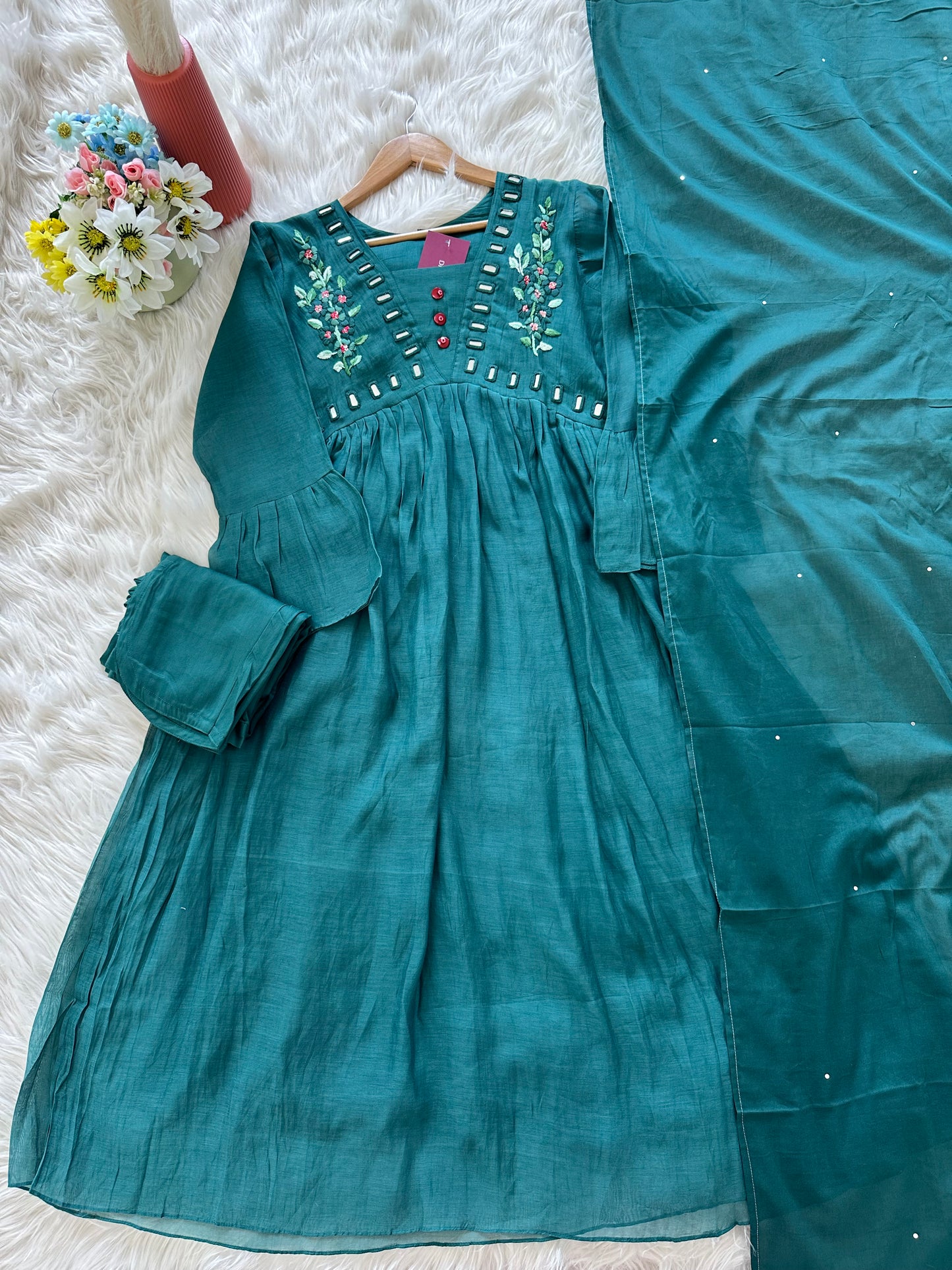 K244 - Mul Chanderi mirror embroidered Aline Kurti with pants and dupatta