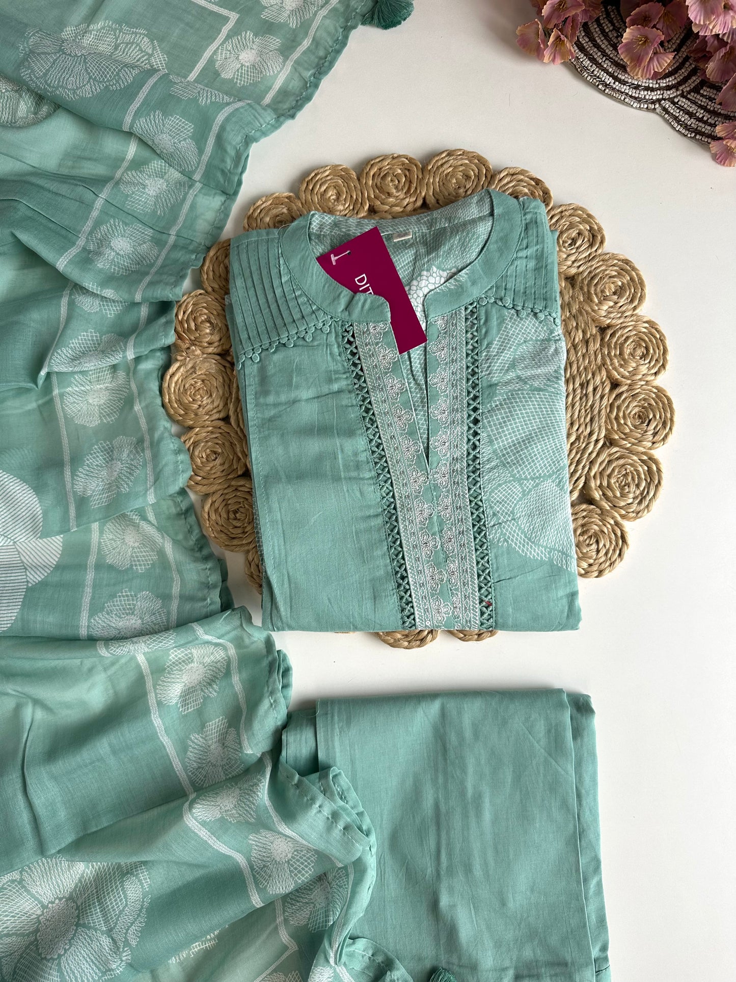 K447 - Mul Cotton embroidered straight Kurti with pants and dupatta