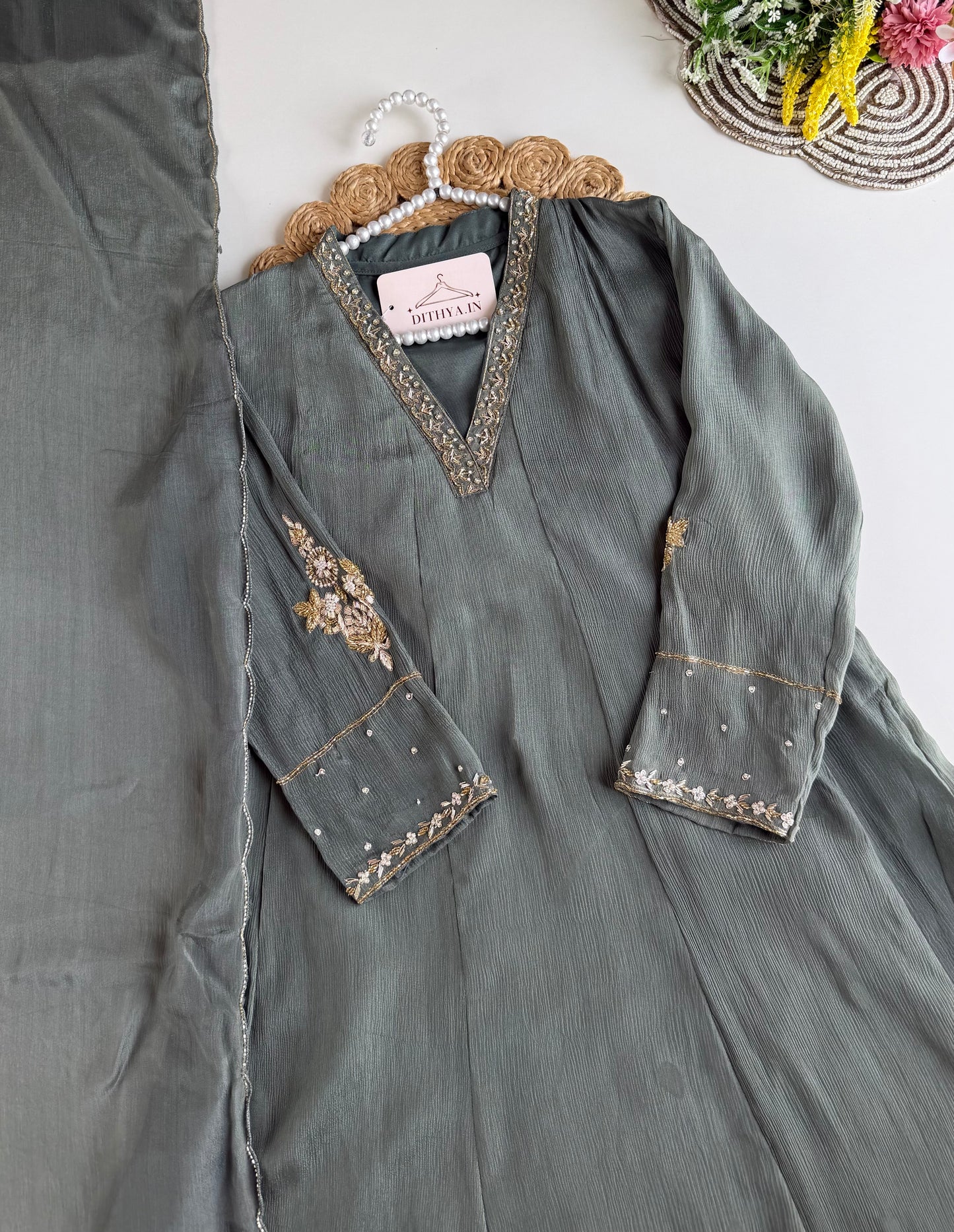 K382 - Pure Chinnon handwork Anarkali with pants and dupatta