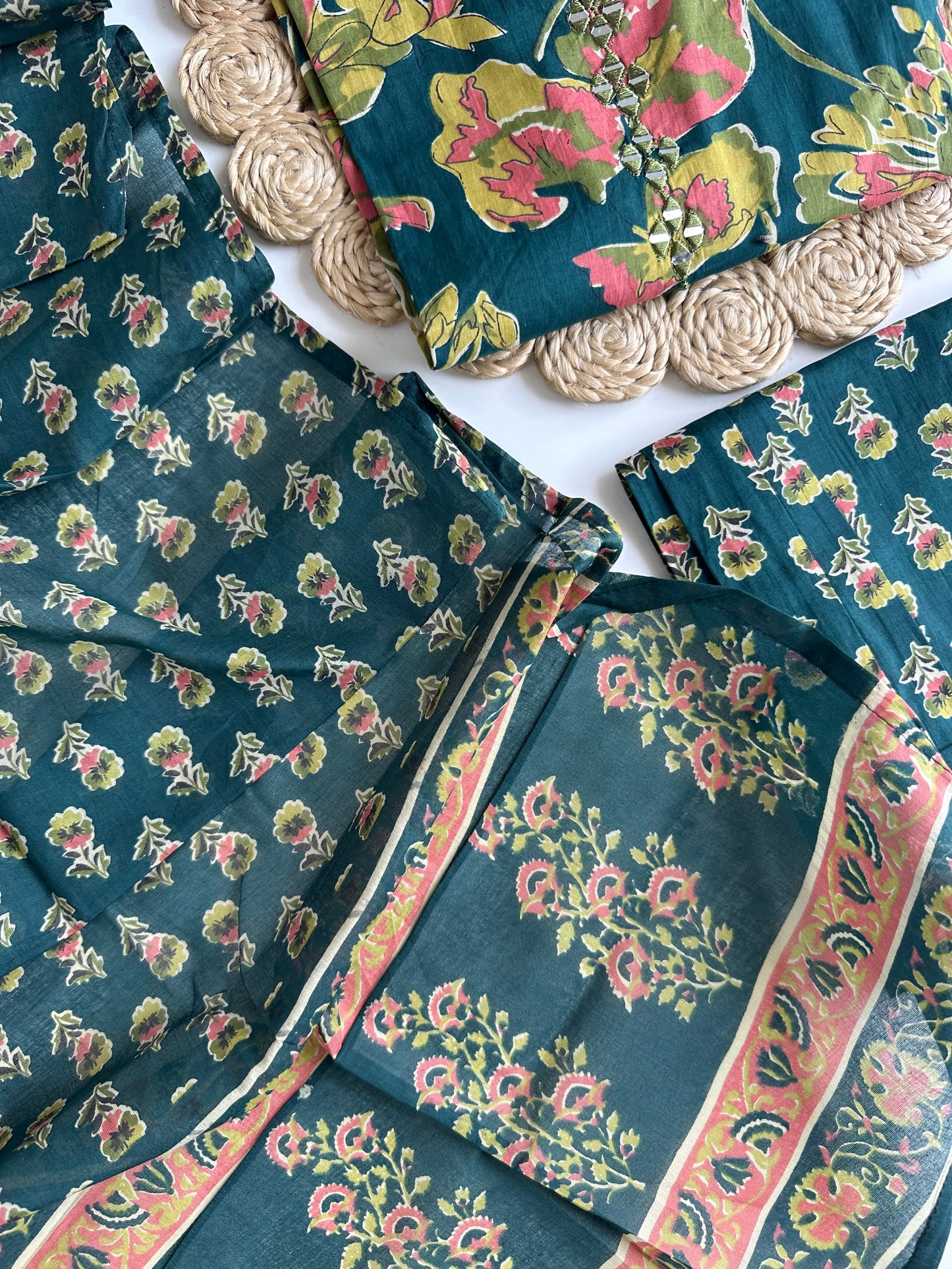 K071 - Cotton floral straight Kurti with pants and dupatta in 4 colours