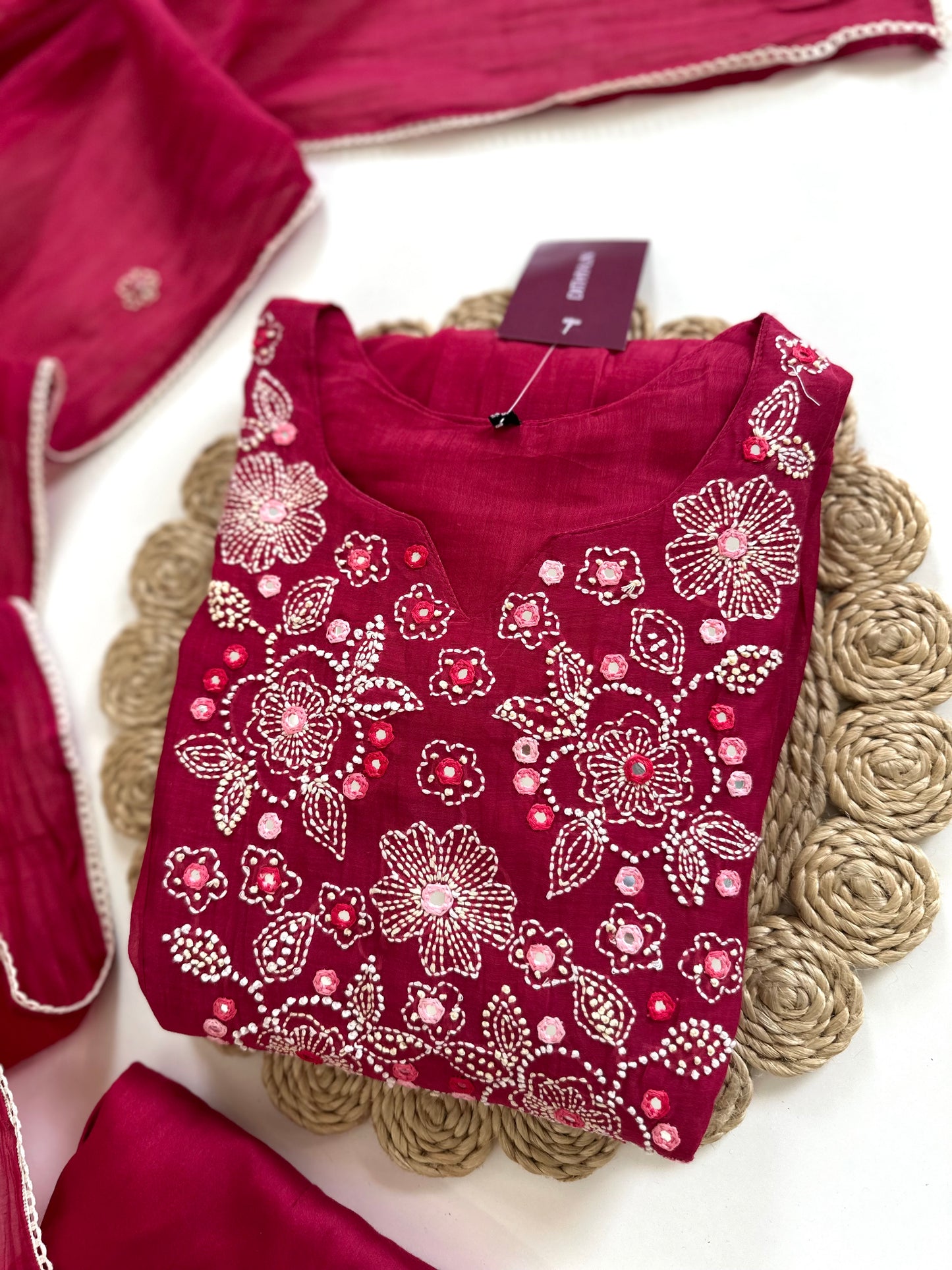 K223 - Mul Chanderi Embroidered Aline Kurti with pants and dupatta