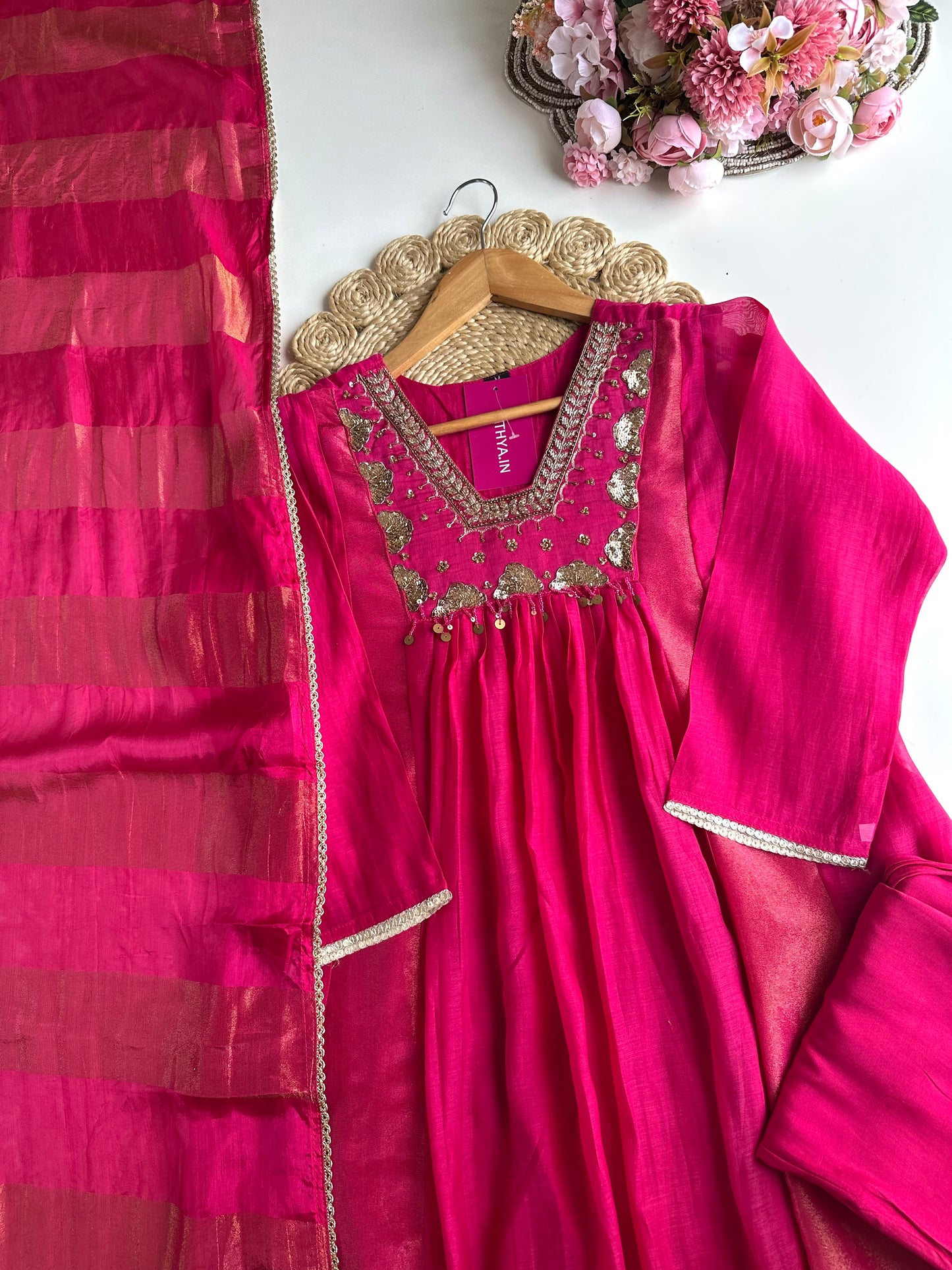 K405 - Mul Chanderi handwork Aline Kurti with pants and dupatta in 2 colours