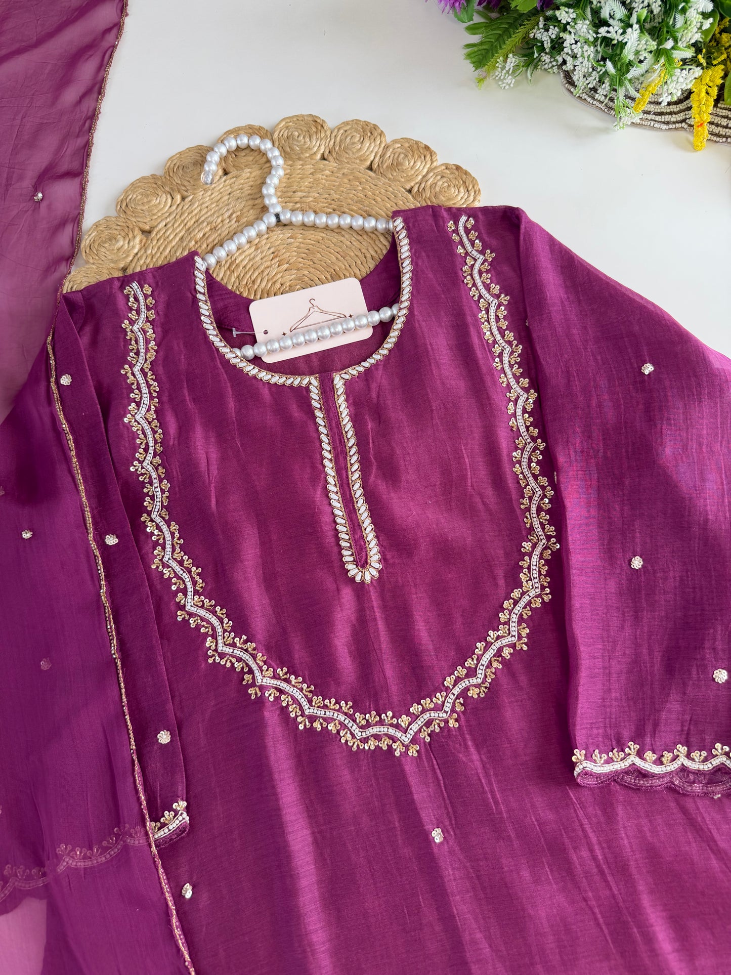 K533 - Mul chanderi handwork aline Kurti with pants and dupatta