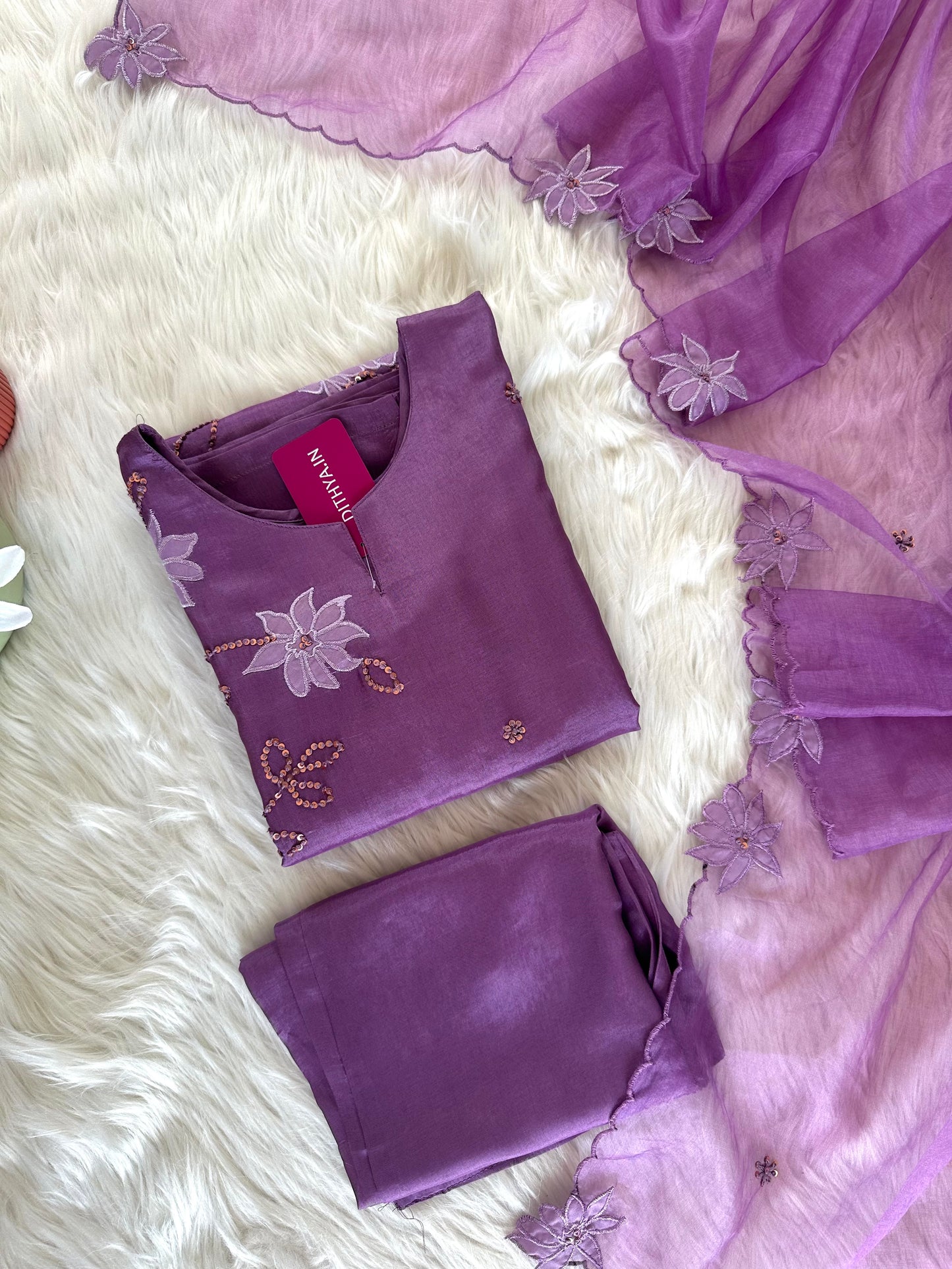 K359 - Russian silk appliqué work straight Kurti with pants and dupatta
