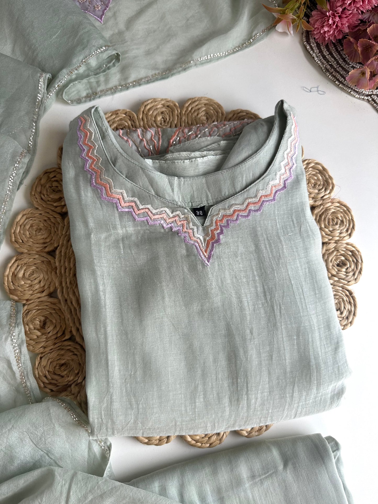 K454 - Mul Chanderi handwork Aline Kurti with pants and dupatta