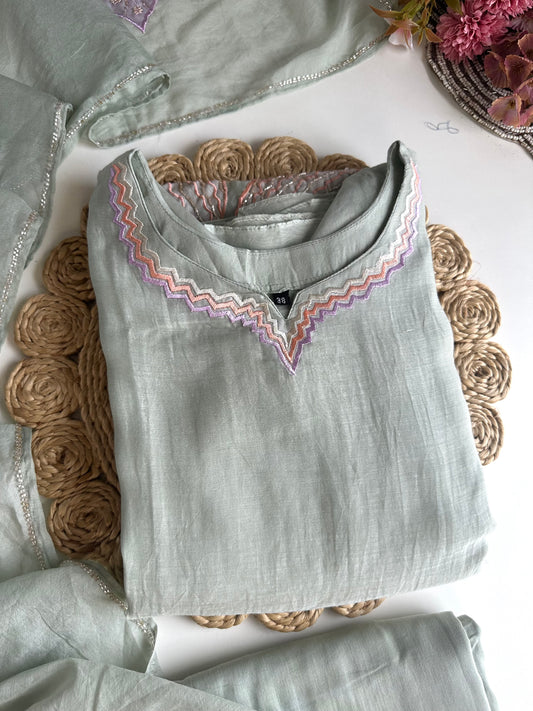 K454 - Mul Chanderi handwork Aline Kurti with pants and dupatta